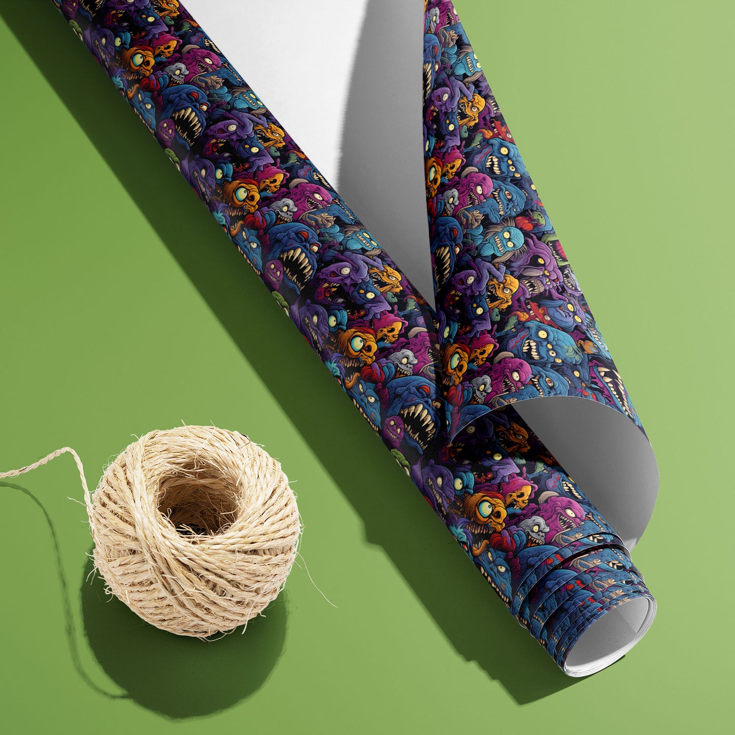 A partially unfurled roll of Odd Monsters, white underside visible beside a spool of natural twine, shows riotous cartoon monsters on a dark ground over an olive green surface.