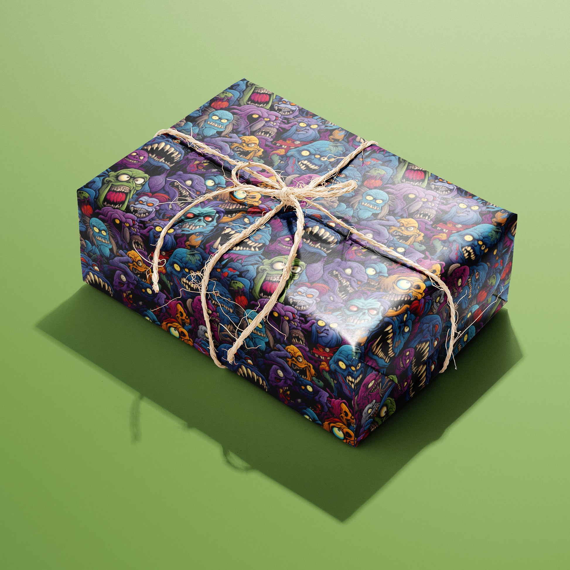 A single rectangular gift wrapped in Odd Monsters and tied with natural twine highlights grinning, bug-eyed creatures on a dark ground against an olive green backdrop.