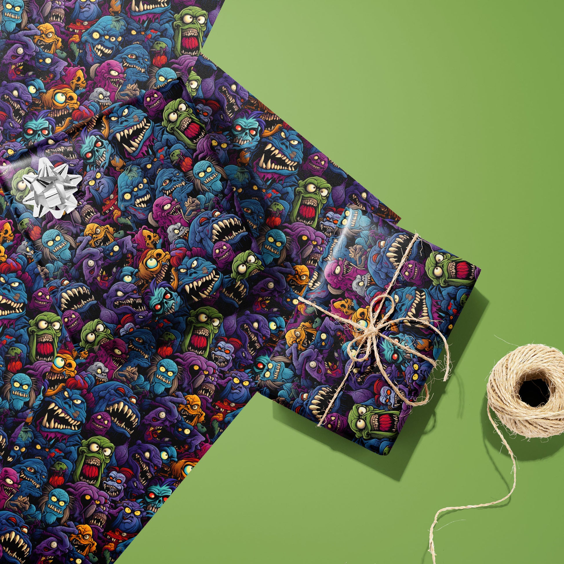 Two Odd Monsters gifts—one with a silver bow, one tied with twine—rest on two unused sheets beside a twine spool on an olive green surface, showing crowded cartoon creatures.