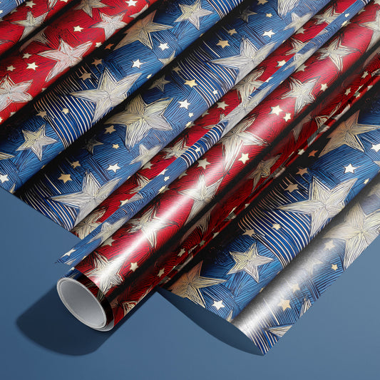 A roll of Starwoven Glory rests on an unrolled sheet, revealing stitched star constellations and metallic thread details on midnight blue, styled on a deep navy surface.