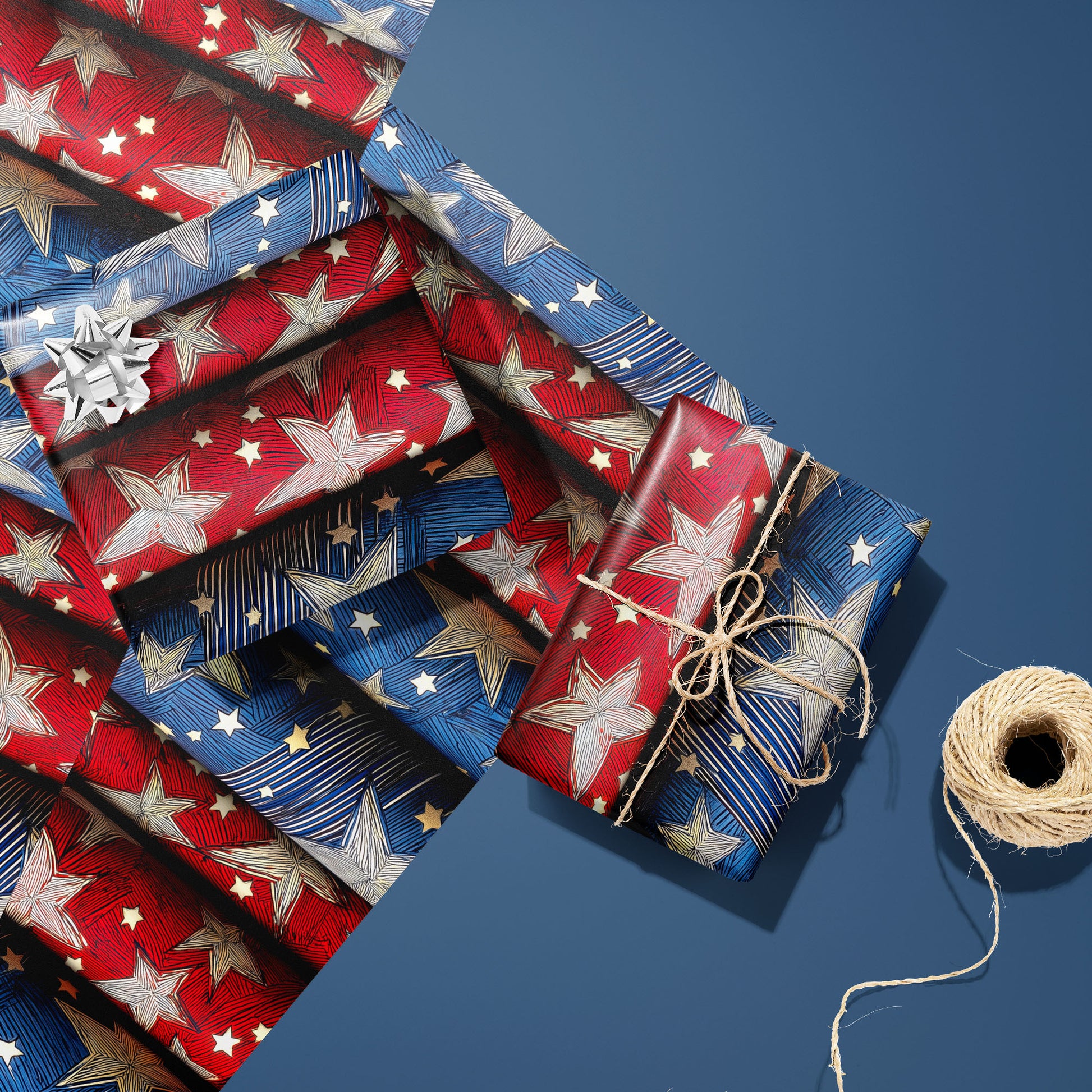 Two Starwoven Glory gifts—one with a silver bow and one tied with twine—rest on two unused sheets next to a twine spool on a deep navy surface, showing stitched constellations.