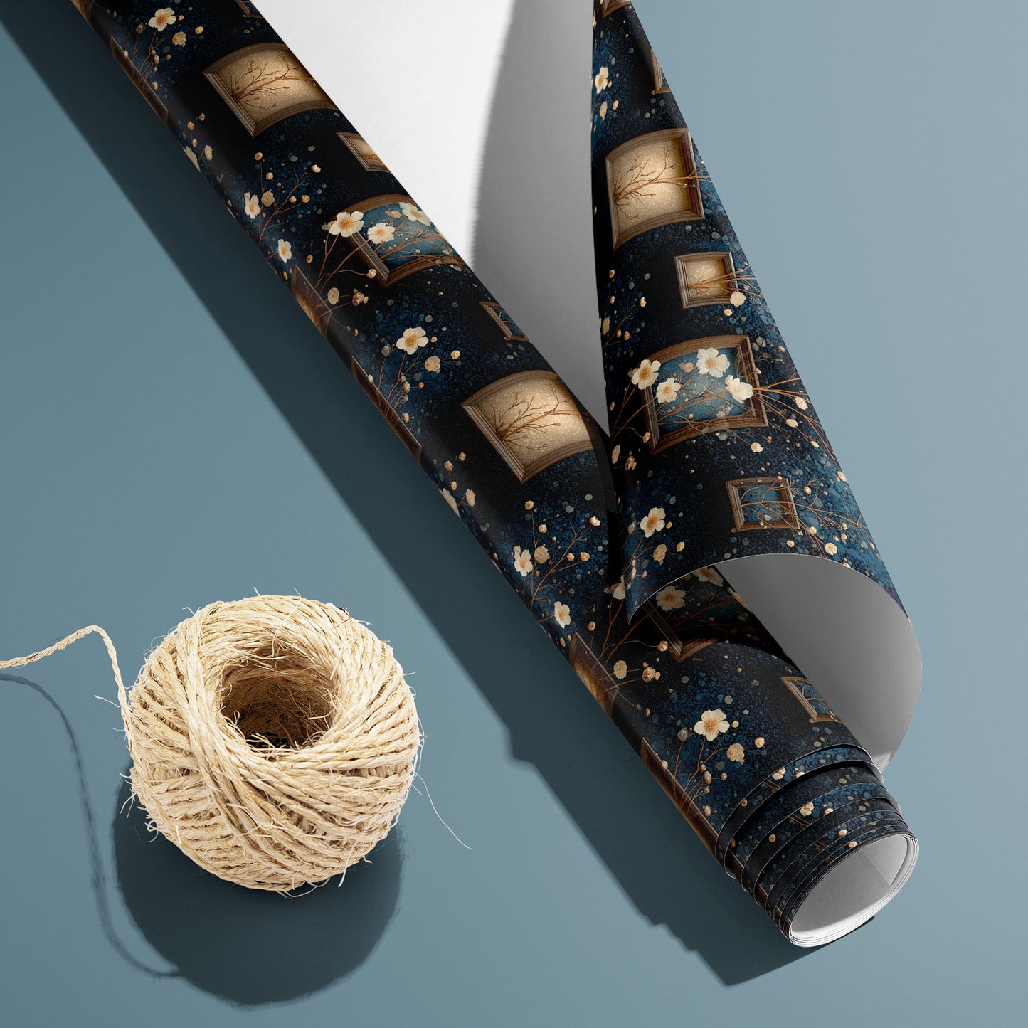 A partially unfurled roll of Curio Florarium paper with its white underside visible sits beside a spool of natural twine, featuring vintage frames and cream blossoms on deep navy over a teal surface.