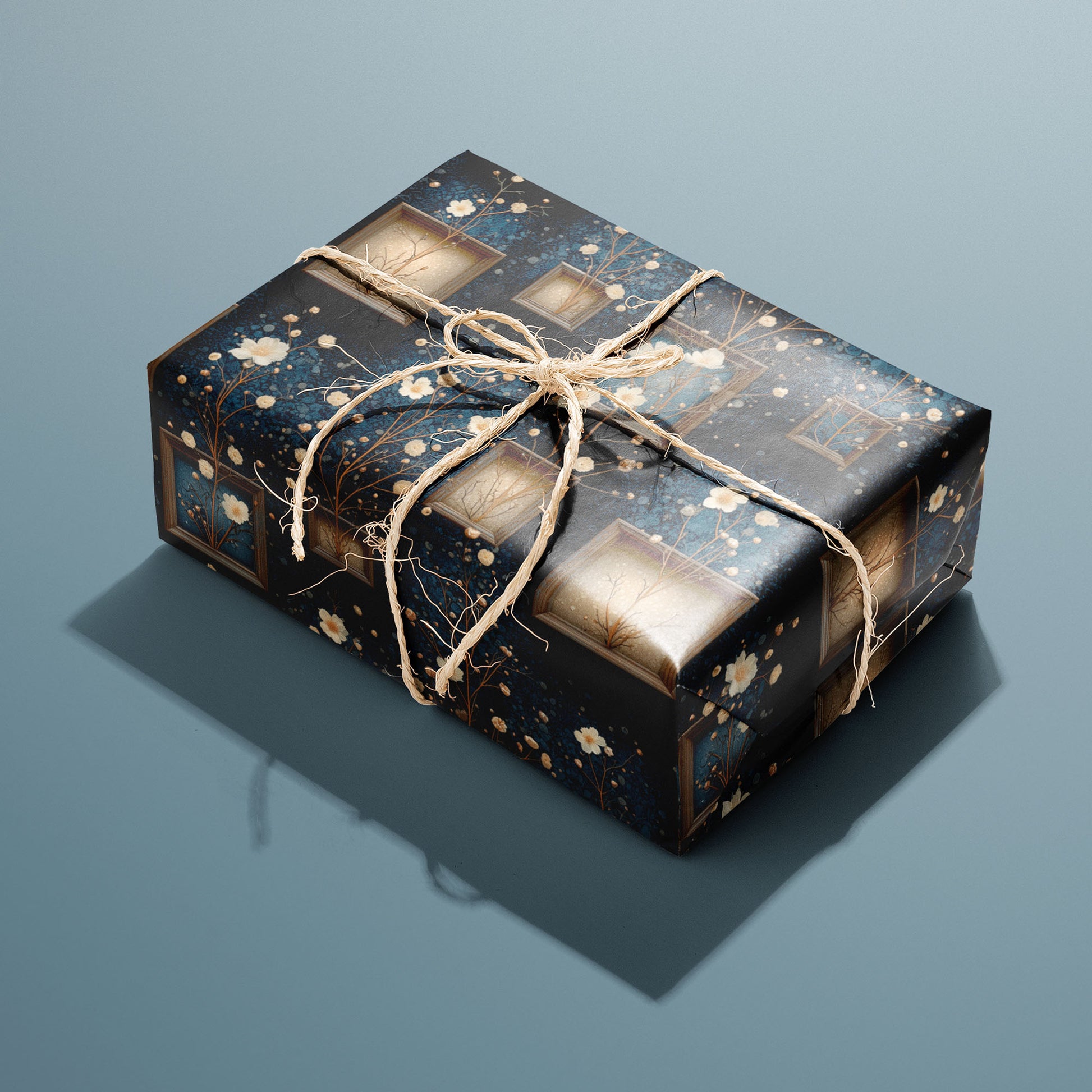 A single rectangular gift wrapped in Curio Florarium paper, tied with natural twine, displays vintage shadow-box motifs with cream blossoms and gold branches on a midnight navy field atop a teal surface.