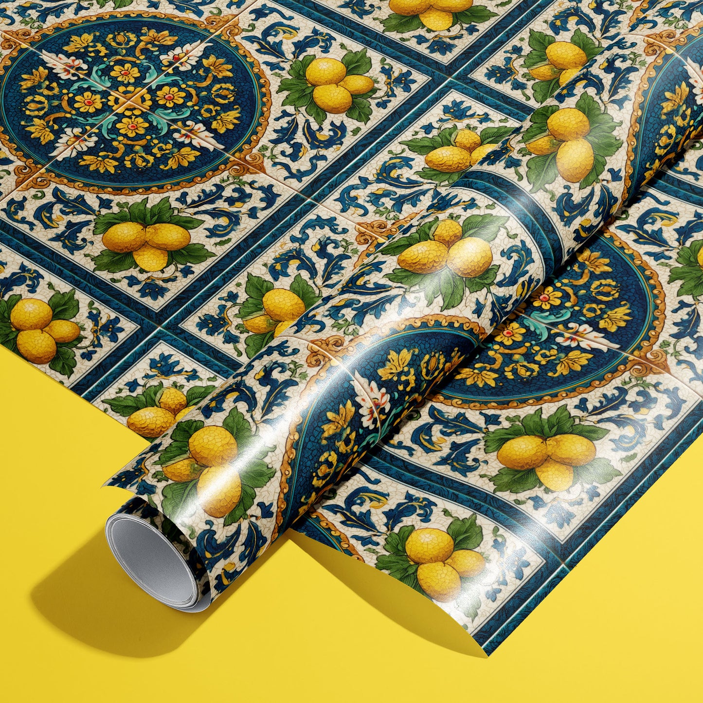 A roll of Citron Azulejo wrapping paper resting on a full sheet, featuring Mediterranean azulejo tiles with lemons and ornate florals on a bright yellow background.