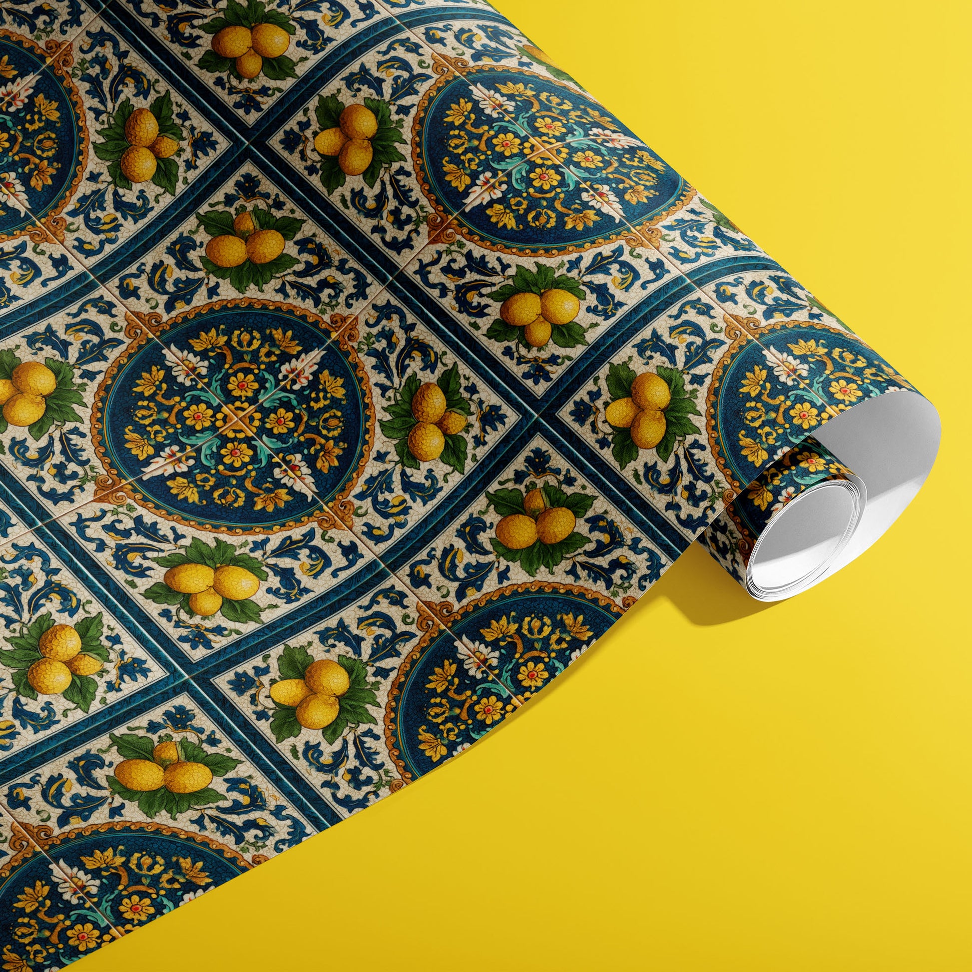 A partially unfurled roll of Citron Azulejo wrapping paper showcasing blue ceramic tile motifs with lemons and filigree florals against a vivid yellow surface.