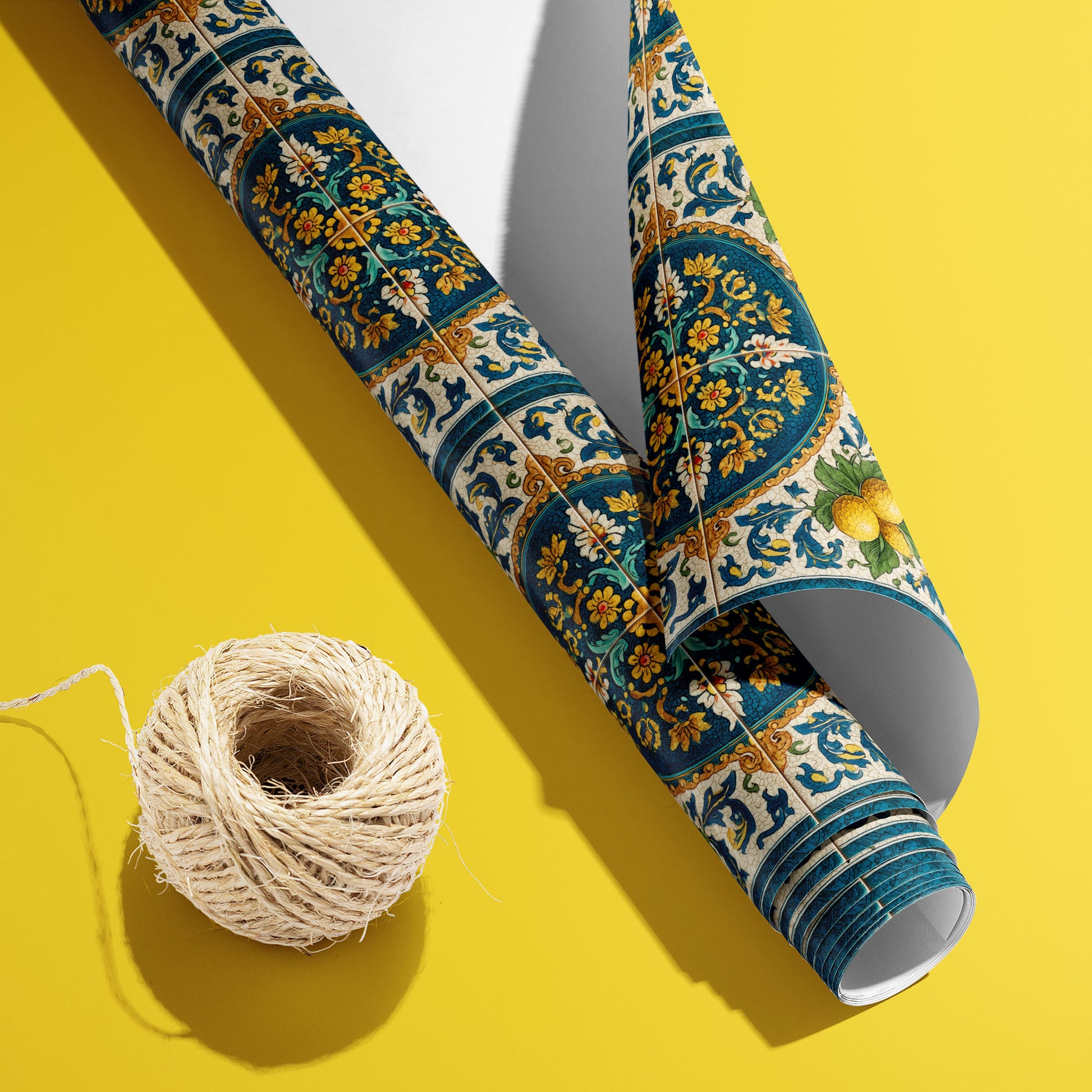 A partially unfurled roll of Citron Azulejo wrapping paper with the white underside showing beside a spool of natural twine on a bright yellow backdrop, patterned with lemon tile florals.