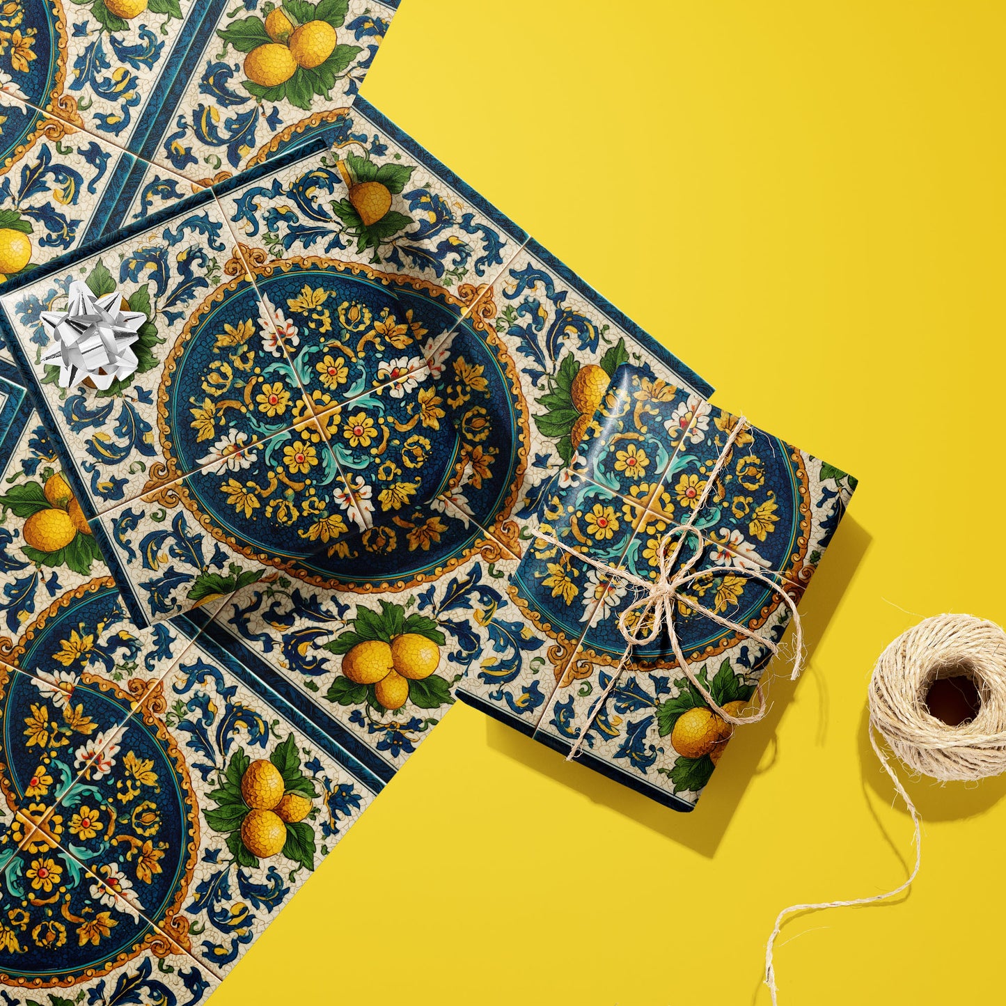 Two gifts wrapped in Citron Azulejo paper—one with a silver bow, one tied in twine—rest on two unused sheets beside a twine spool on a sunny yellow surface.