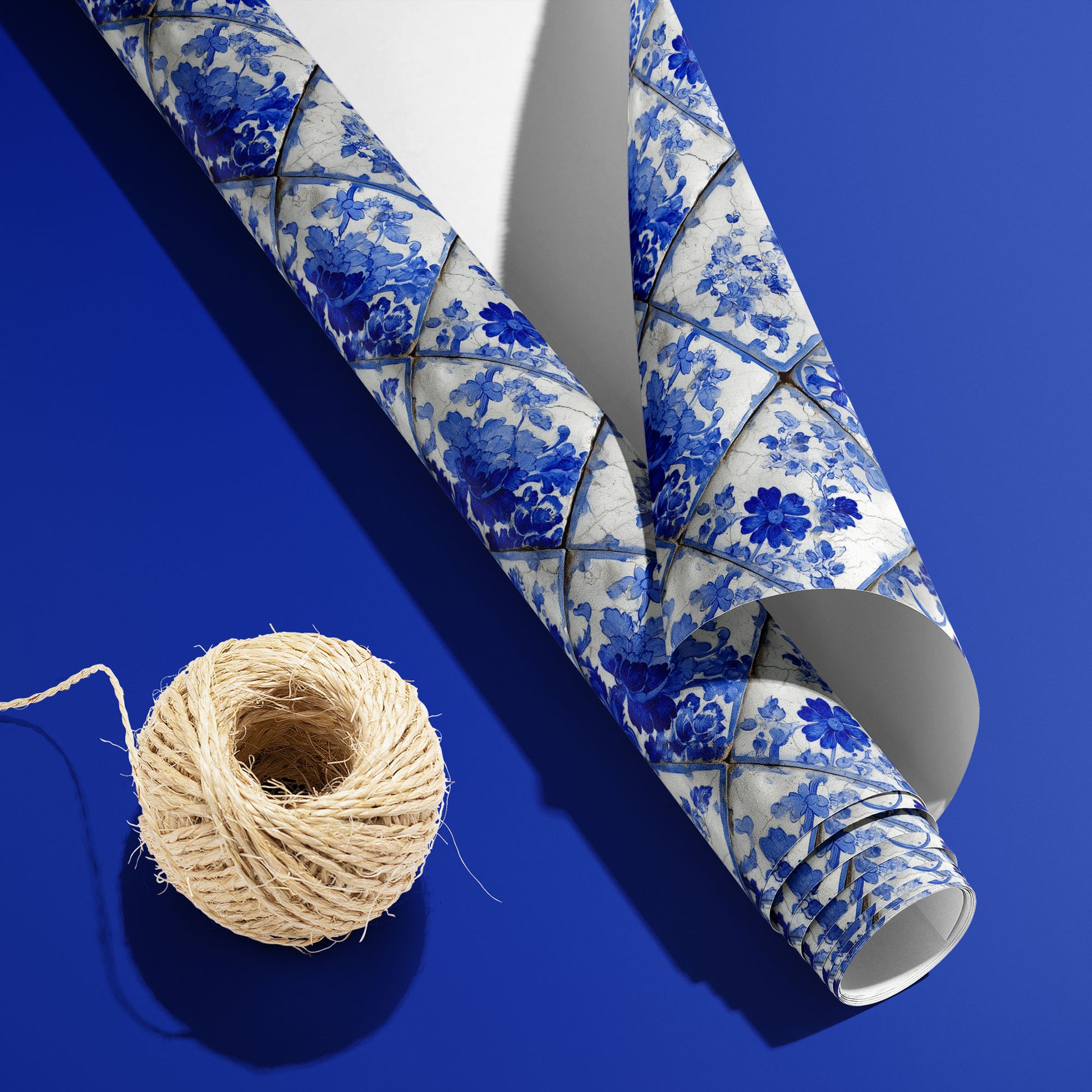 A partially unfurled roll of Aegean Bouquet wrapping paper with the white underside visible beside a spool of natural twine on a bold royal blue backdrop, patterned with floral tiles.