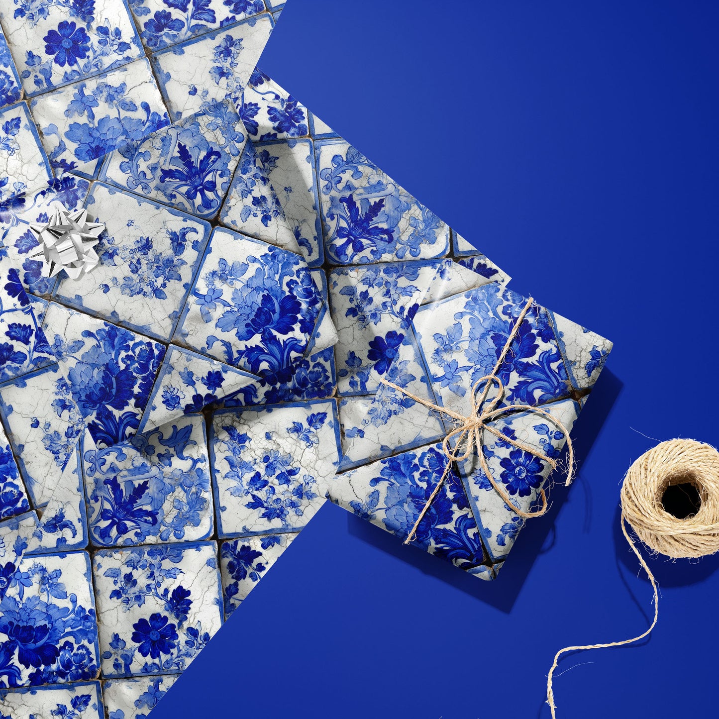 Two gifts wrapped in Aegean Bouquet paper—one with a silver bow, one tied in twine—rest on two unused sheets beside a twine spool on a vivid royal blue surface.