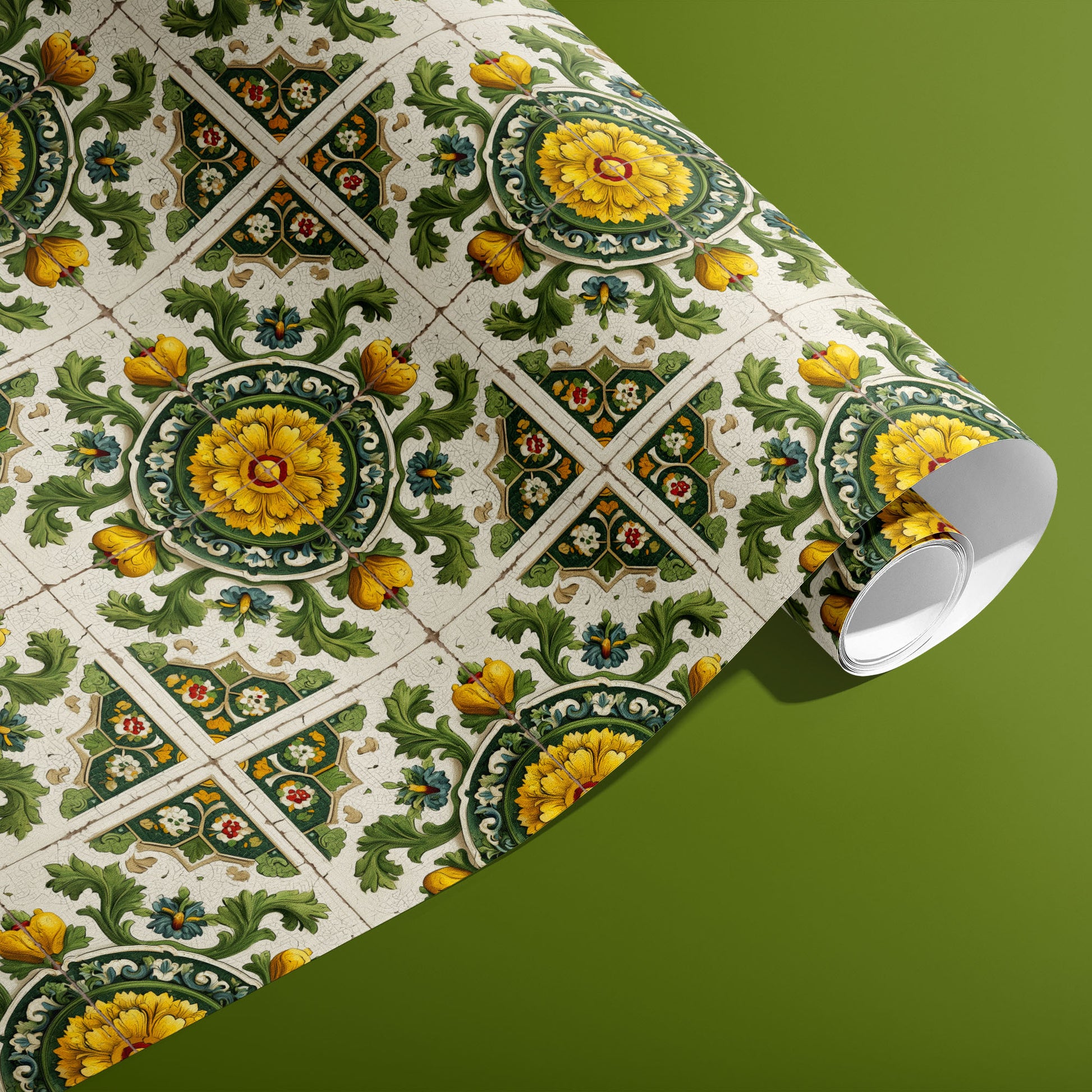 A partially unfurled roll of Golden Girasole wrapping paper showcasing baroque tile motifs with yellow sunflower rosettes and leafy scrollwork on an olive green surface.