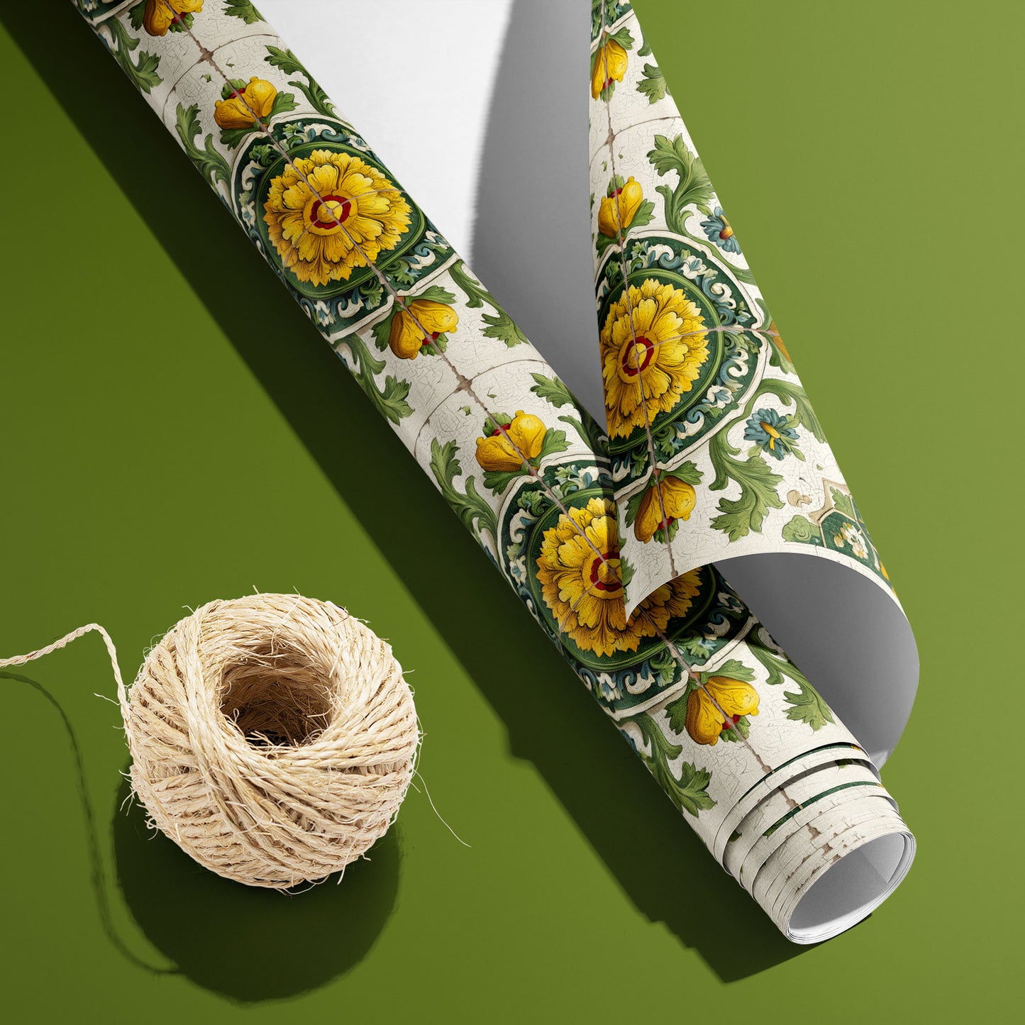 A partially unfurled roll of Golden Girasole wrapping paper with the white underside visible beside a spool of natural twine on an olive green backdrop, patterned with sunflower tiles.