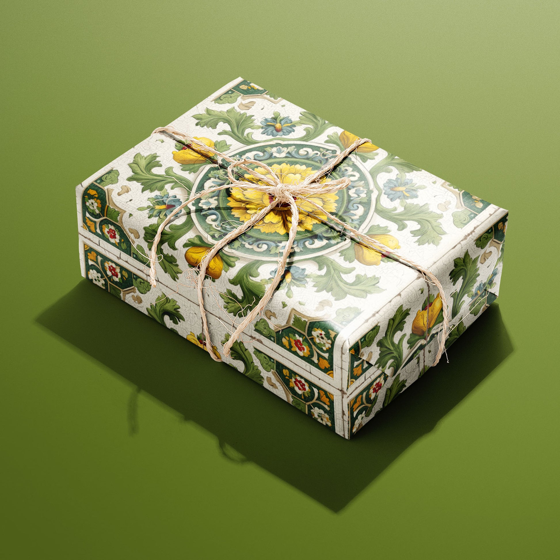 A rectangular gift wrapped in Golden Girasole paper, the sunflower-and-scrollwork tile design tied with a natural twine bow, set on an olive green background.