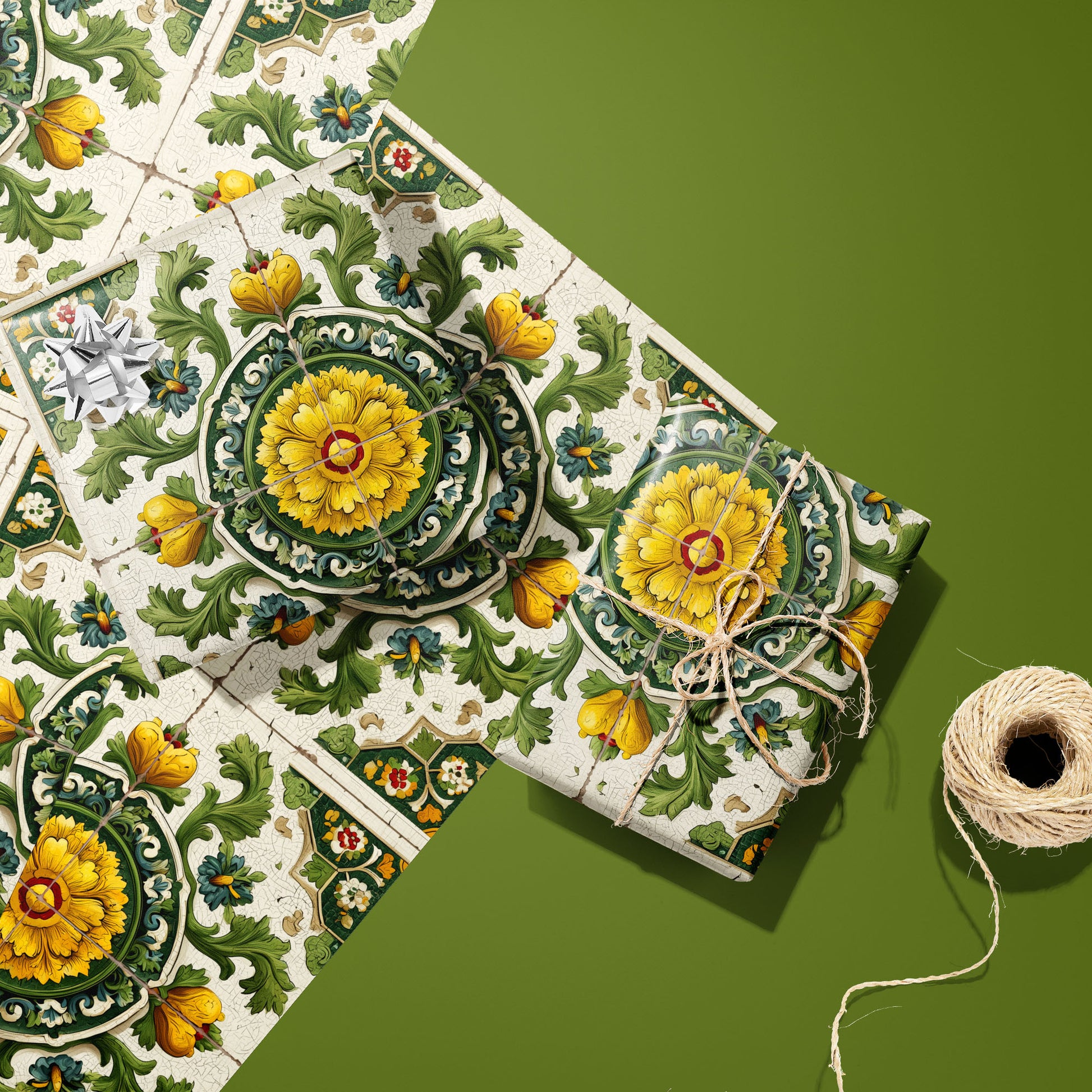 Two gifts wrapped in Golden Girasole paper—one with a silver bow, one tied in twine—rest on two unused sheets beside a twine spool on an olive green surface.