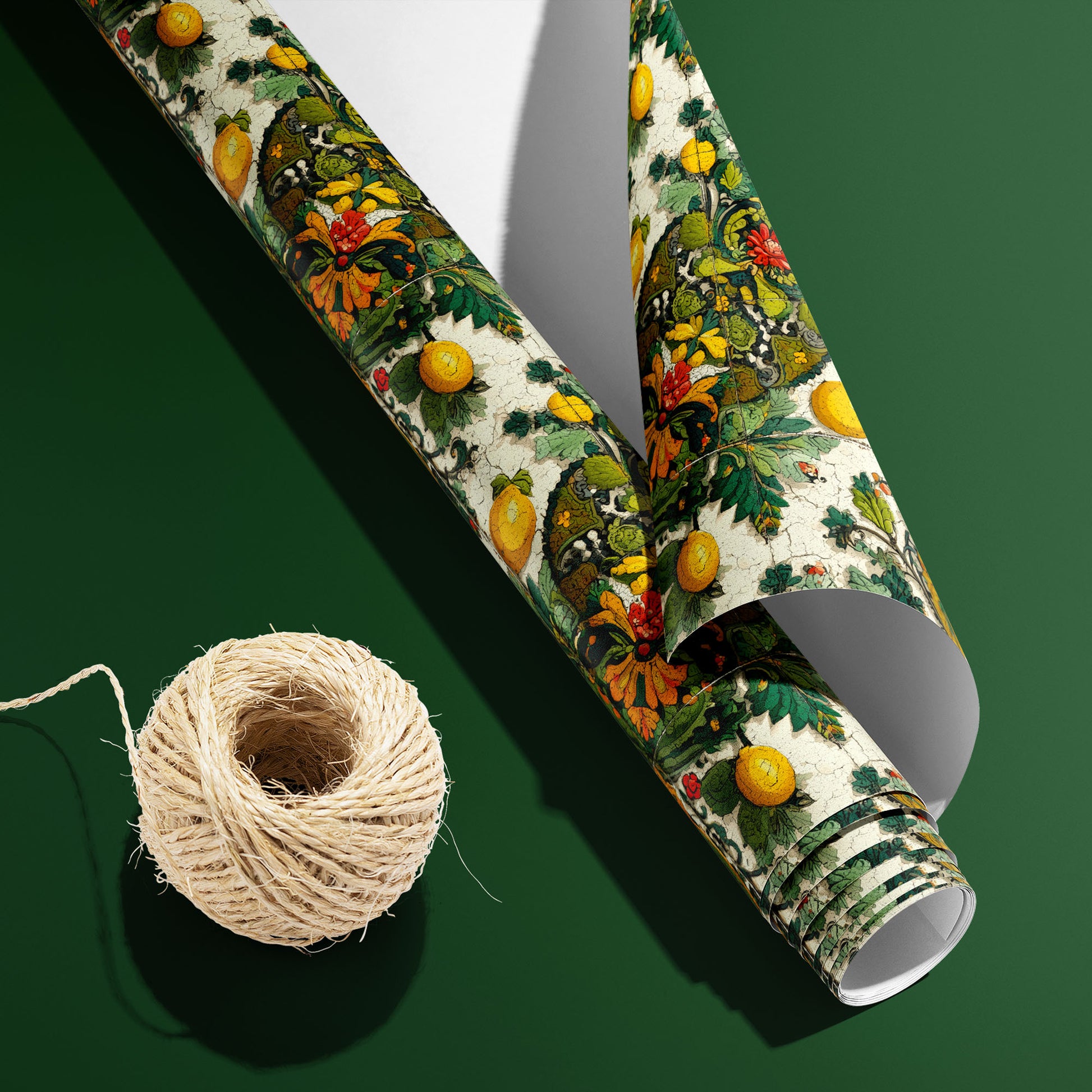 A partially unfurled roll of Amalfi Acanthus wrapping paper with the white underside showing beside a spool of natural twine on a dark green backdrop, patterned with lemons and scrolls.