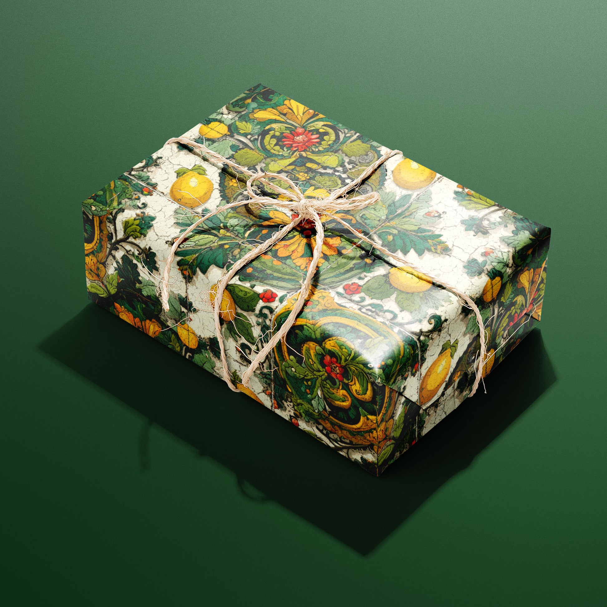 A rectangular gift wrapped in Amalfi Acanthus paper, the lemon-and-acanthus tile design tied with a natural twine bow, set on a deep green background.