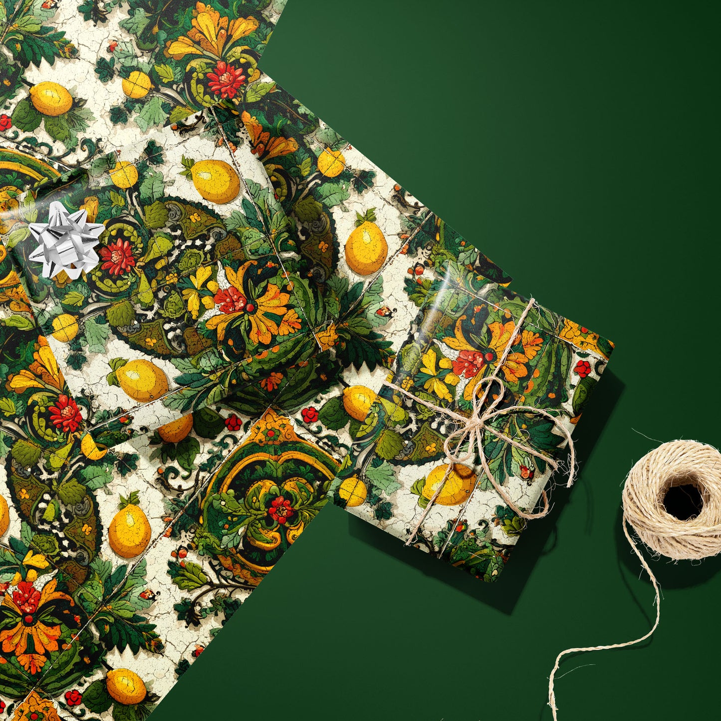 Two gifts wrapped in Amalfi Acanthus paper—one with a silver bow, one tied in twine—rest on two unused sheets beside a twine spool on a dark green surface.