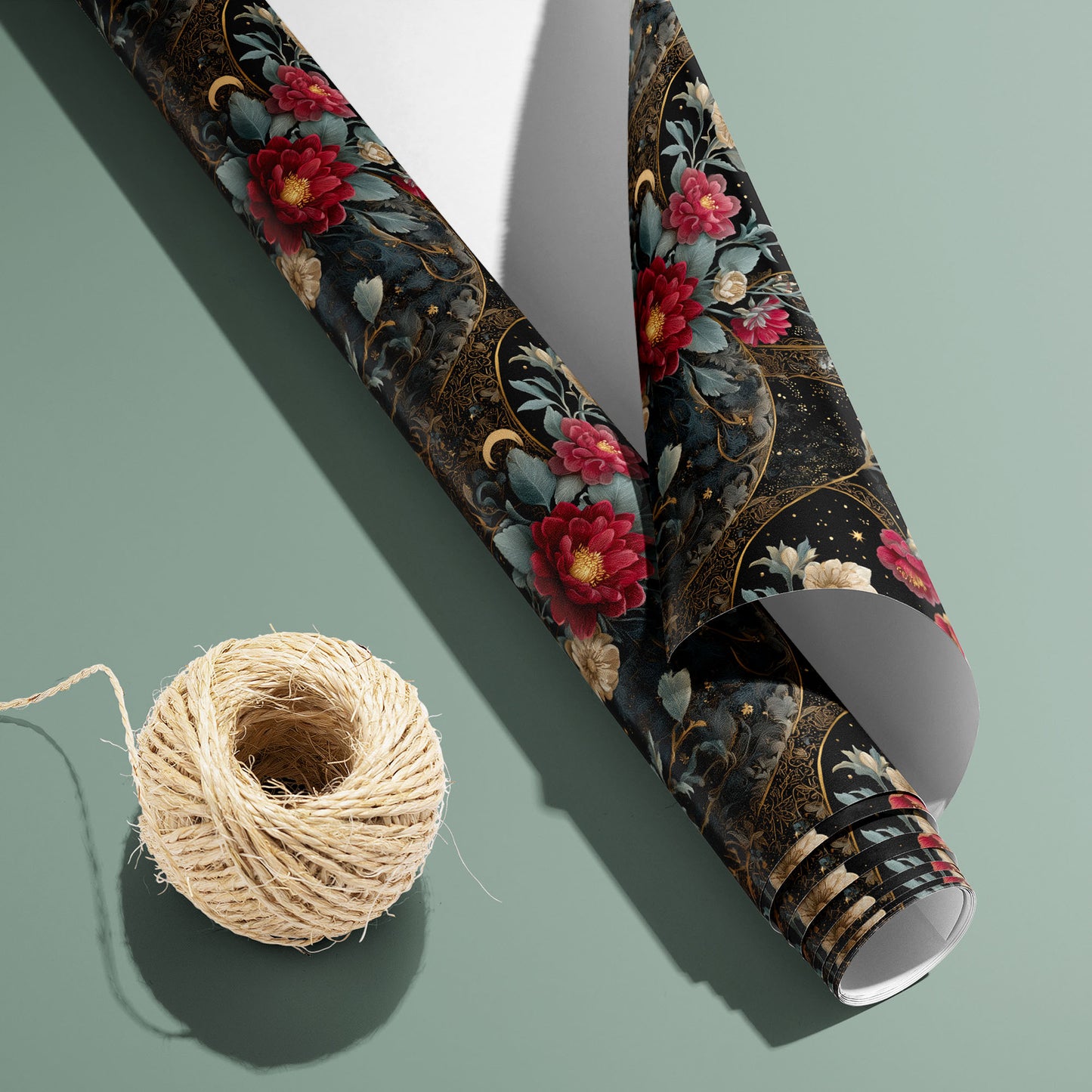 A partially unrolled Velvet Asterism wrap with the white underside visible beside a spool of natural twine; black floral, butterfly, and gold star motifs on a sage green surface.