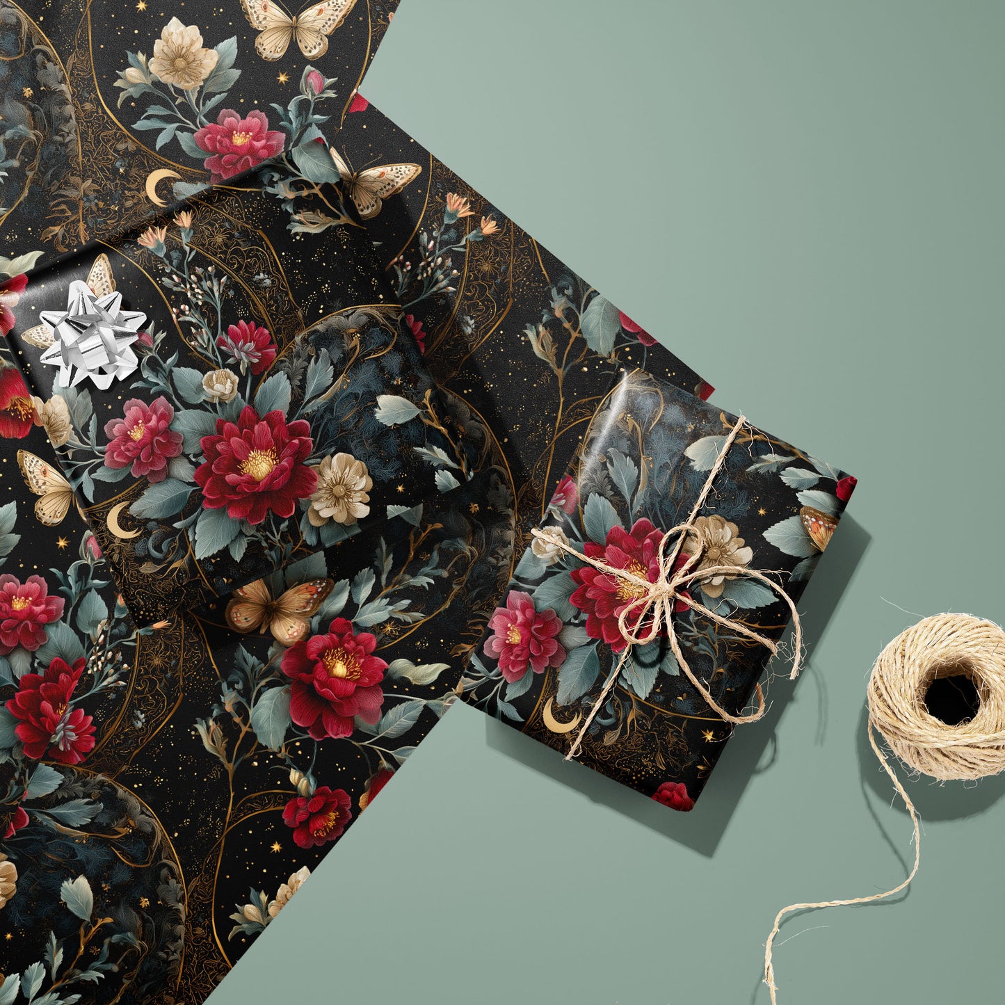 Two gifts in Velvet Asterism black celestial floral paper, one with a silver bow and one tied with natural twine, resting on two unused sheets beside a twine spool on sage green.