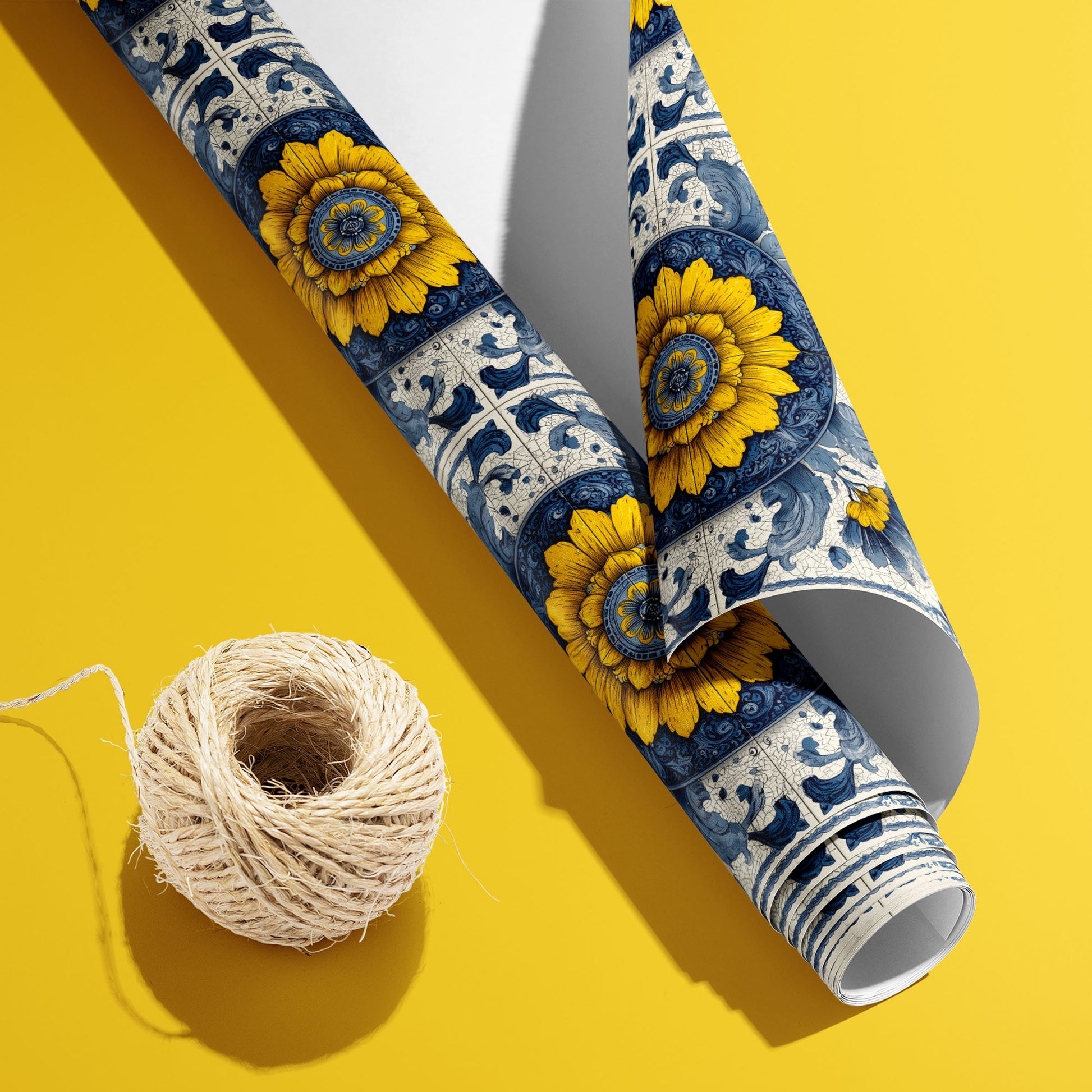 A partially unfurled roll of Lapis Florale wrapping paper with the white underside showing beside a spool of natural twine on a bright yellow backdrop, patterned with sunflower medallions.