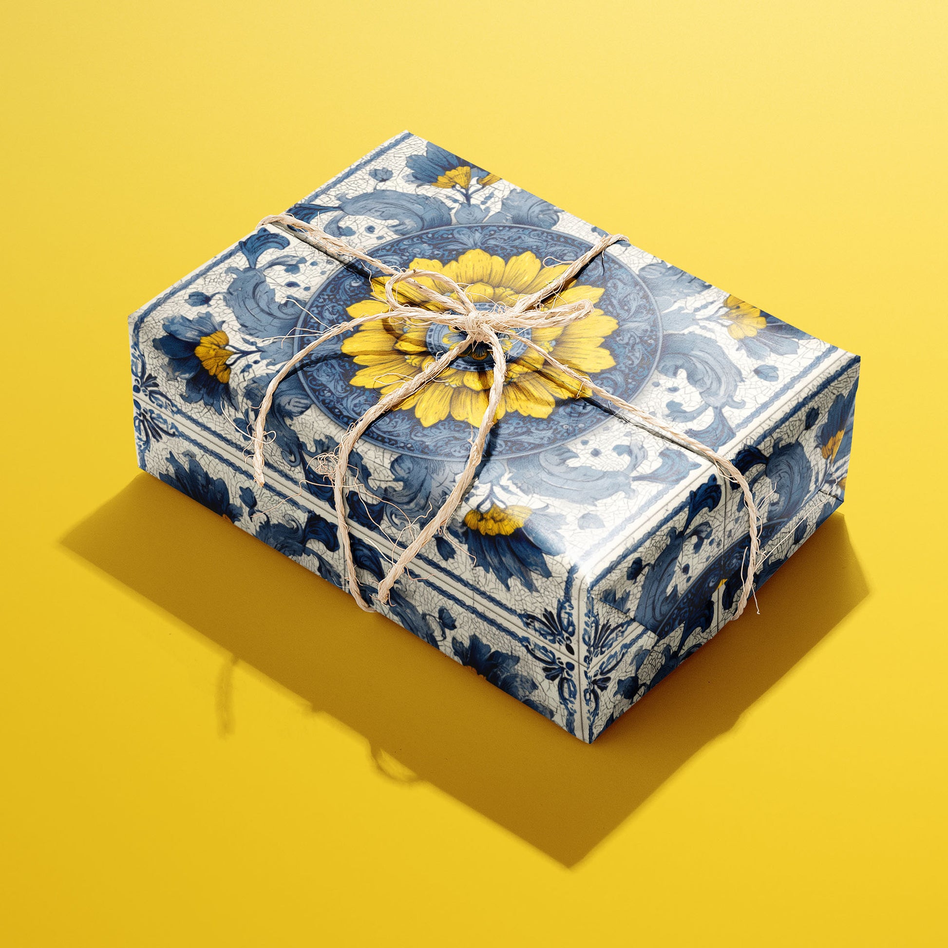 A rectangular gift wrapped in Lapis Florale paper, the sunflower-and-azulejo tile design tied with a natural twine bow, set on a bold yellow background.