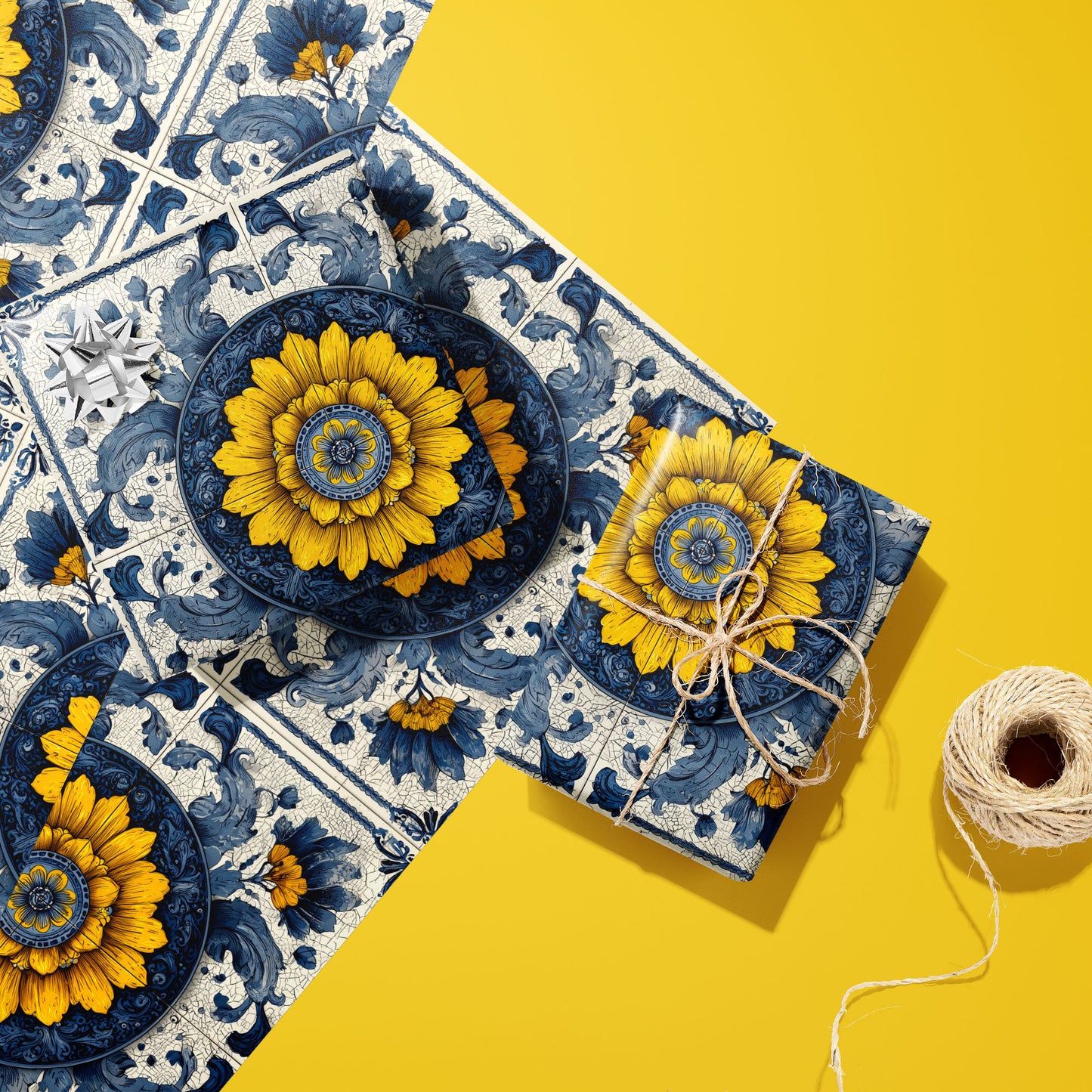 Two gifts wrapped in Lapis Florale paper—one with a silver bow, one tied in twine—rest on two unused sheets beside a twine spool on a sunny yellow surface.
