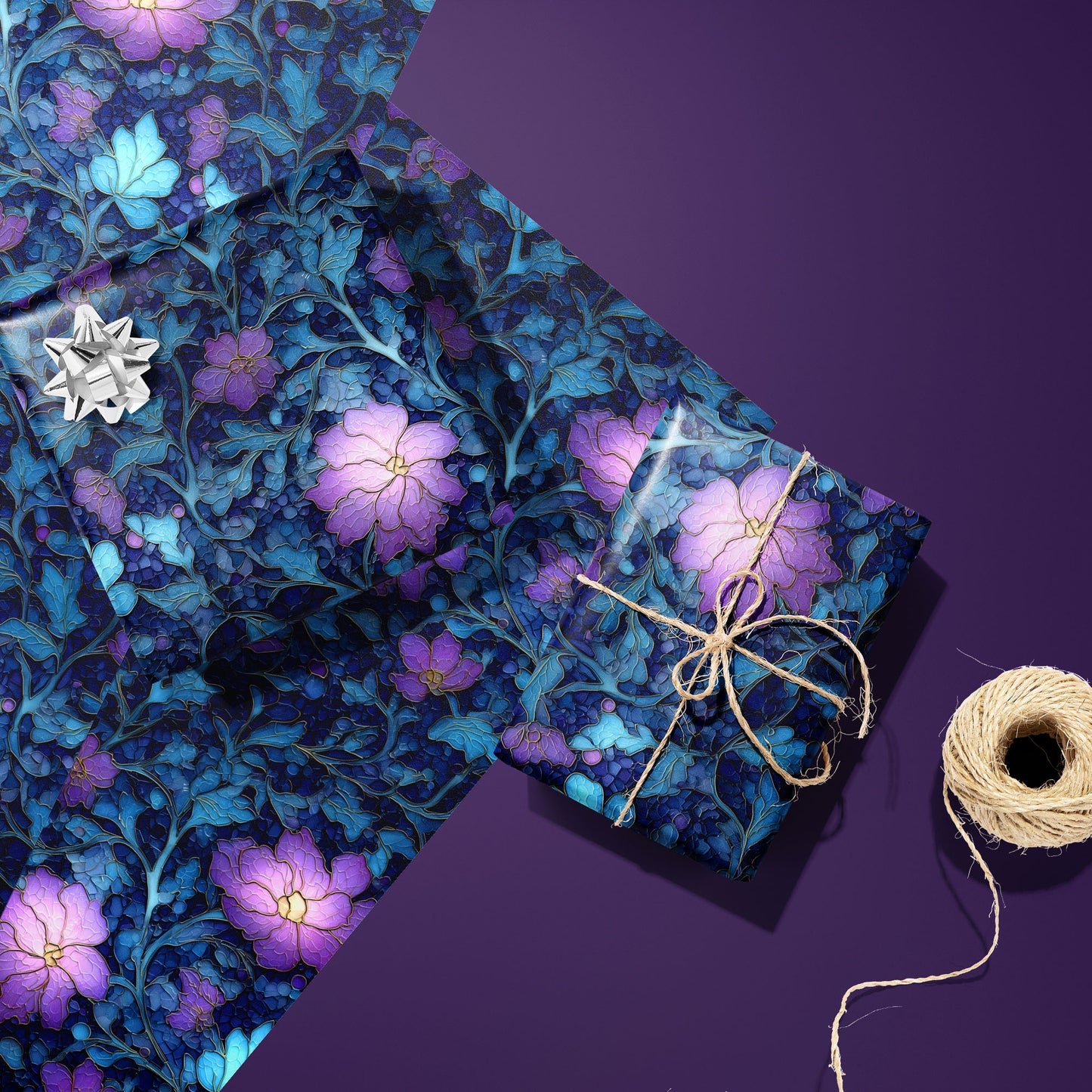 Two gifts wrapped in Lunar Hellebore—one with a silver bow and one tied with twine—rest on two unused sheets beside a twine spool on a deep purple surface, with a moonlit floral print.