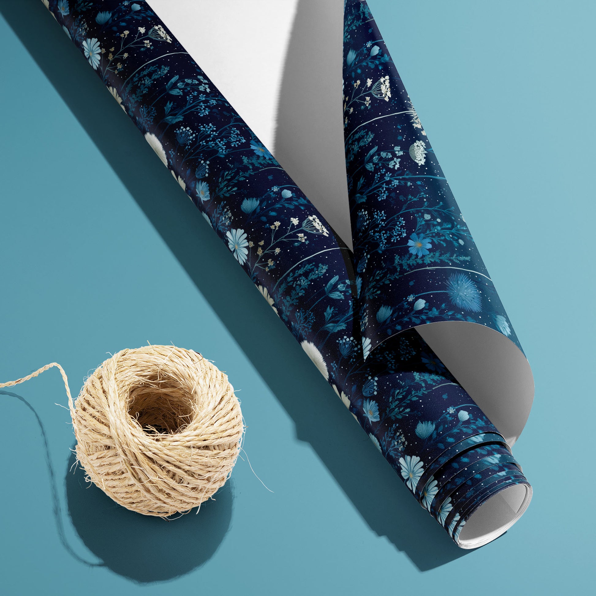 A partially unfurled Midnight Garden roll with the white underside visible beside a spool of natural twine, featuring night-bloom florals on deep navy, on a teal surface.