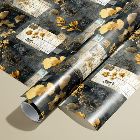 A roll on an unrolled sheet of Night Specimens wrapping paper featuring pressed botanicals, vintage labels, and script on inky charcoal, set on a warm tan background.