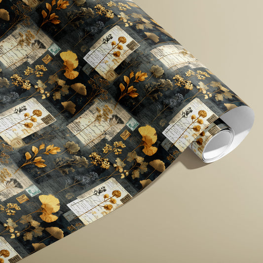 A partially unfurled roll of Night Specimens wrap showing dried golden leaves, herbarium cards, and handwritten script over a deep charcoal ground on a tan background.