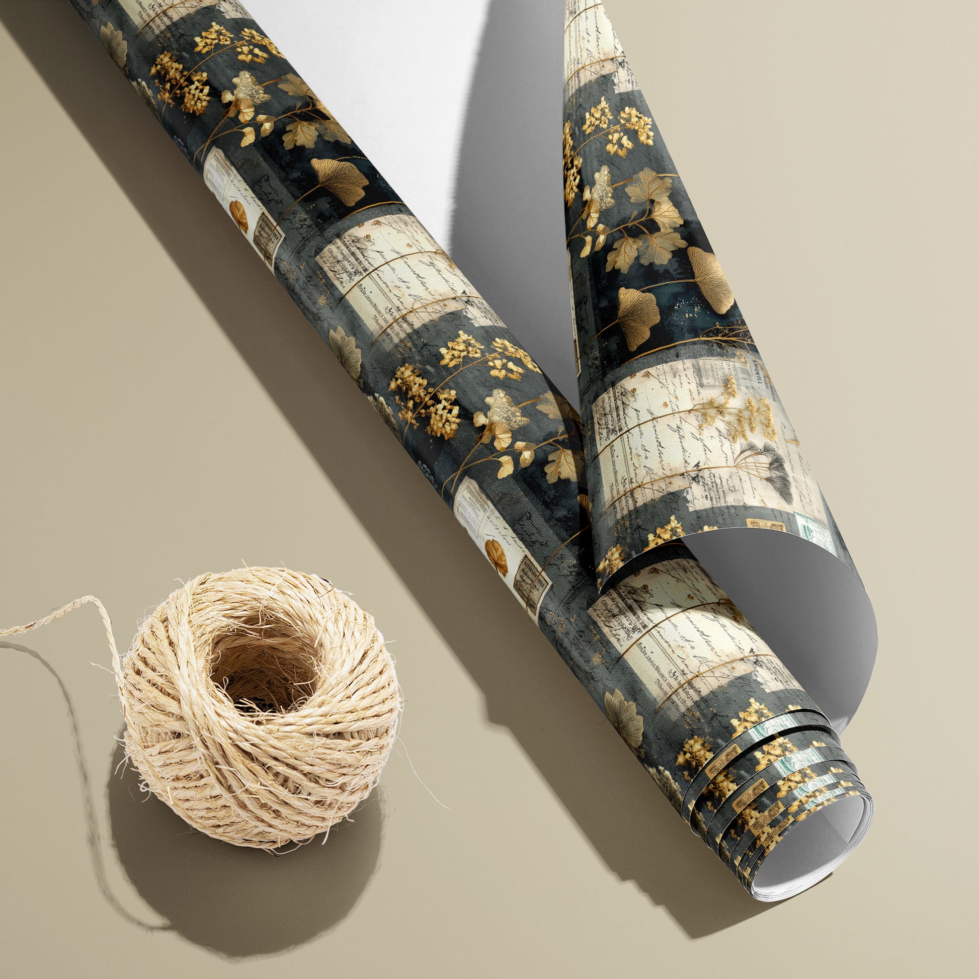 A partially unfurled Night Specimens roll with the white underside visible beside a spool of natural twine, displaying pressed florals and ephemera on dark charcoal, on a tan surface.
