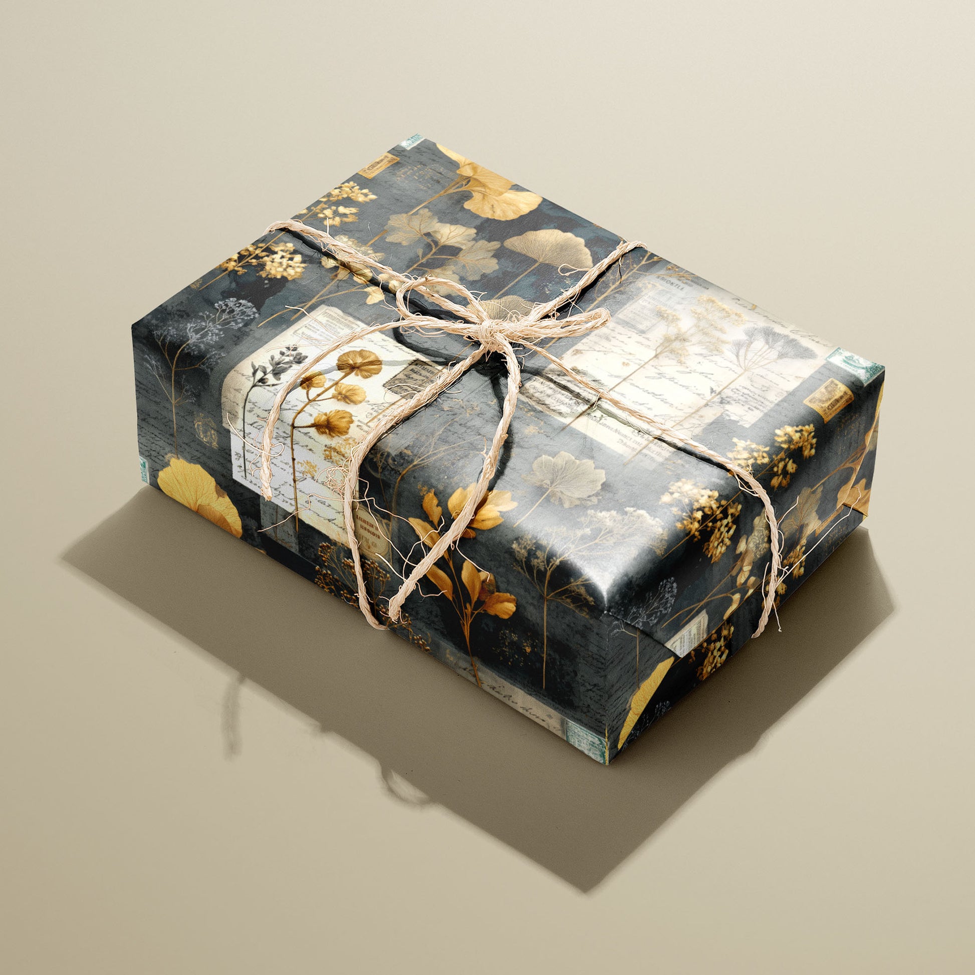 A single rectangular gift wrapped in Night Specimens paper—golden botanicals and antique labels on deep charcoal—tied with natural twine on a warm tan background.