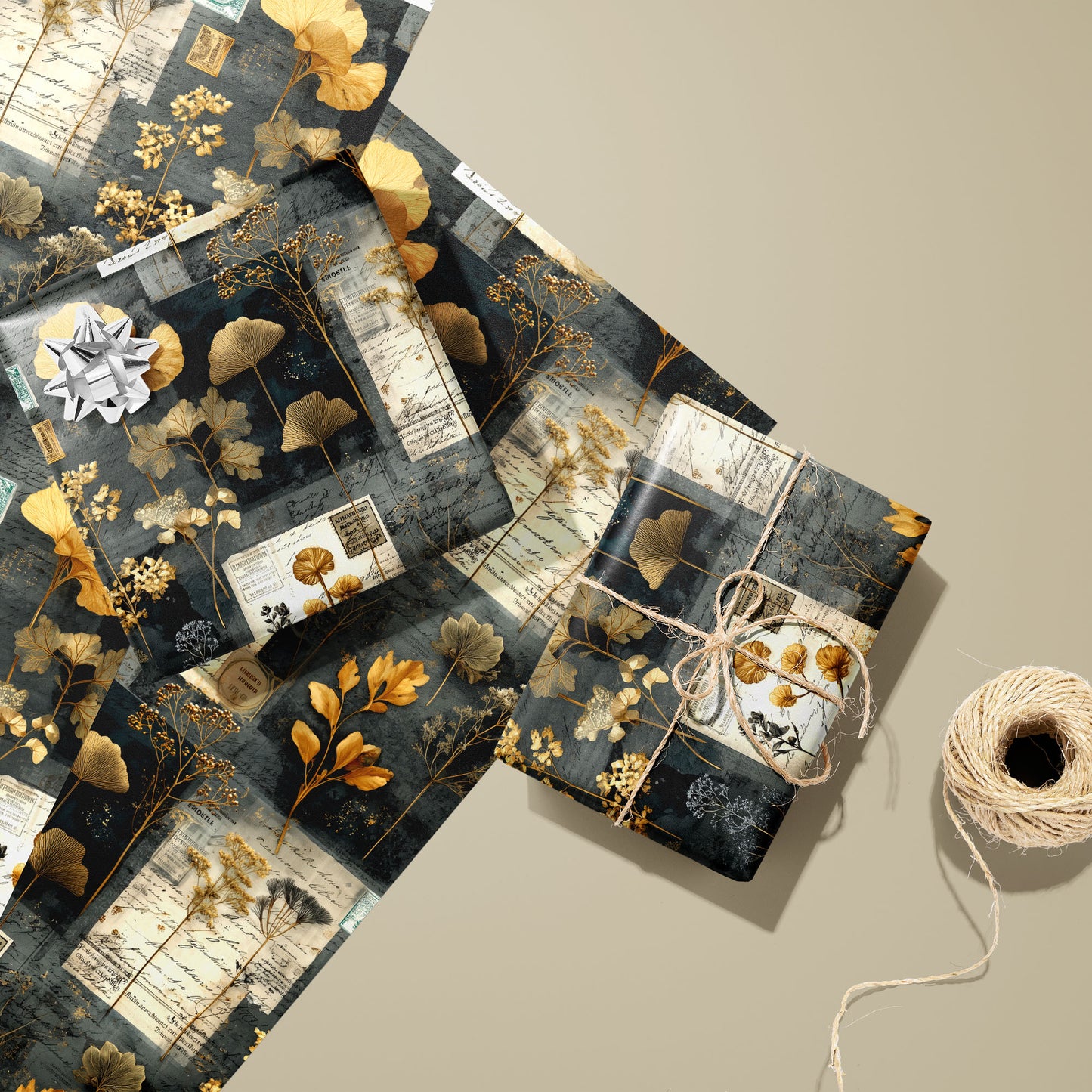 Two gifts in Night Specimens wrap—one with a silver bow, one tied with twine—rest on two unused sheets beside a spool of twine on a warm tan background.