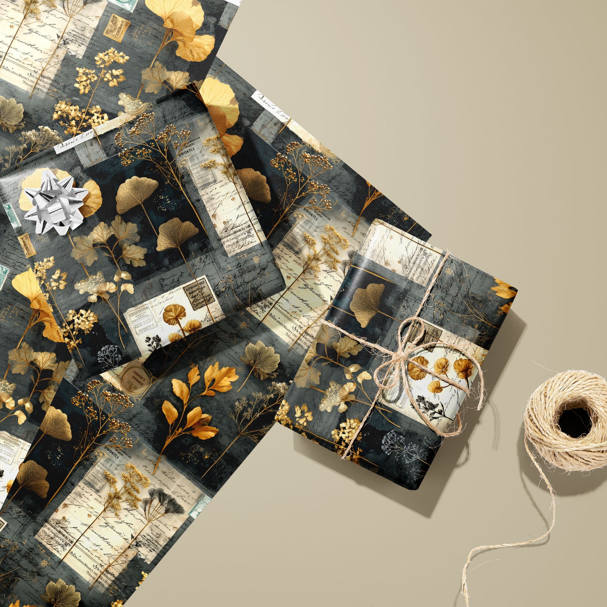 Two gifts in Night Specimens wrap—one with a silver bow, one tied with twine—rest on two unused sheets beside a spool of twine on a warm tan background.