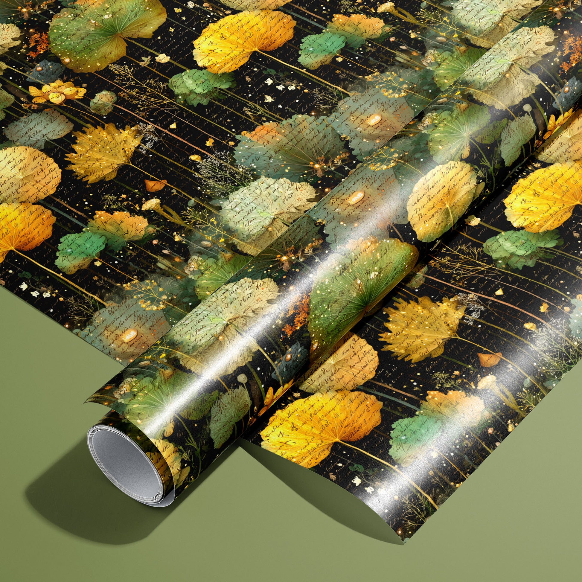 A roll of Nocturne Herbarium wrapping paper rests on an unrolled sheet, featuring botanical collage motifs with script and gold flecks on a black ground, styled on an olive green surface.
