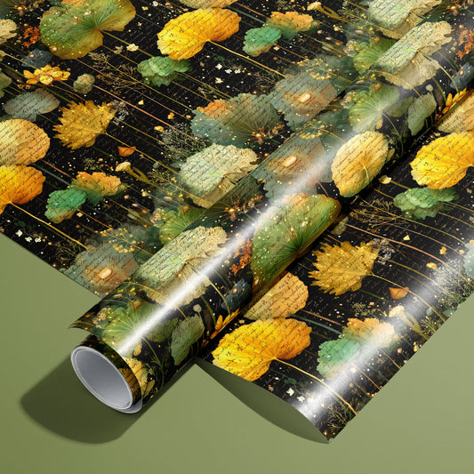 A roll of Nocturne Herbarium wrapping paper rests on an unrolled sheet, featuring botanical collage motifs with script and gold flecks on a black ground, styled on an olive green surface.