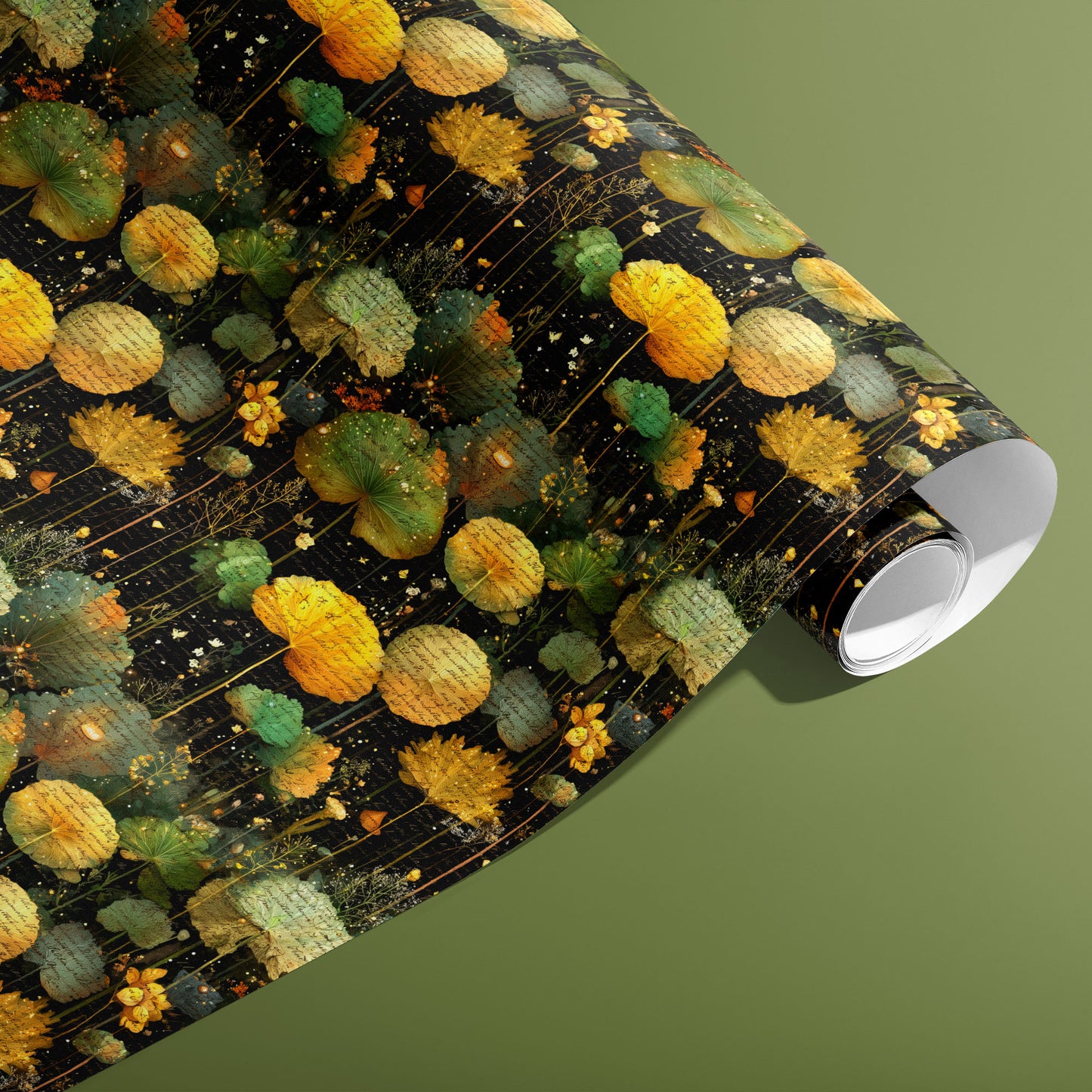 A partially unfurled roll of Nocturne Herbarium gift wrap shows round leaves and florals over handwritten script with gold speckles on a black ground against an olive green background.