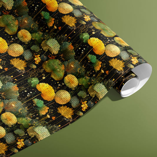 A partially unfurled roll of Nocturne Herbarium gift wrap shows round leaves and florals over handwritten script with gold speckles on a black ground against an olive green background.