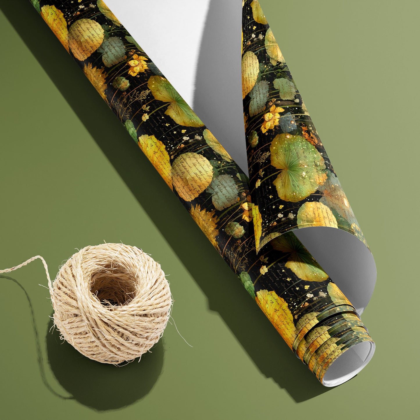 A partially unfurled roll of Nocturne Herbarium, white underside visible beside a spool of natural twine, displays botanical collage motifs and gold flecks on a black ground over an olive surface.