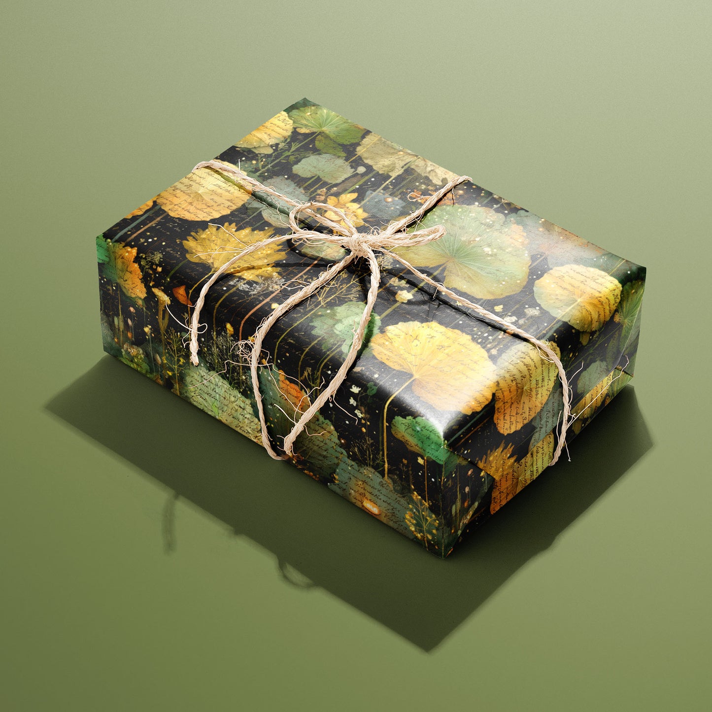 A single rectangular gift wrapped in Nocturne Herbarium and tied with natural twine highlights layered leaves, florals, and script with gold speckles on a black ground over an olive green backdrop.