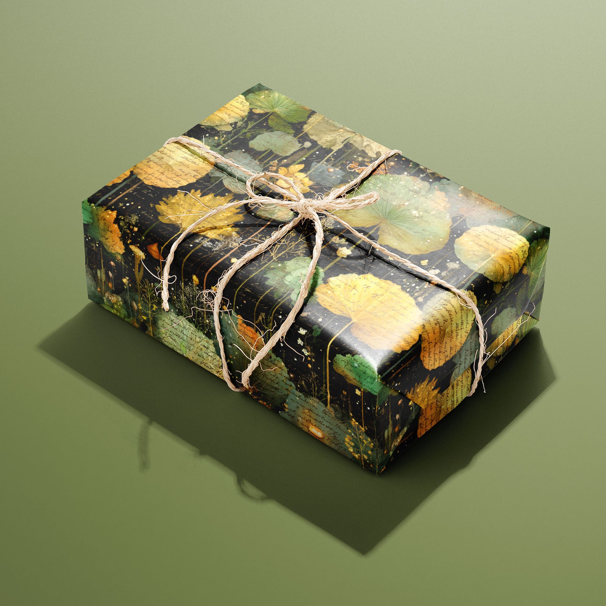 A single rectangular gift wrapped in Nocturne Herbarium and tied with natural twine highlights layered leaves, florals, and script with gold speckles on a black ground over an olive green backdrop.