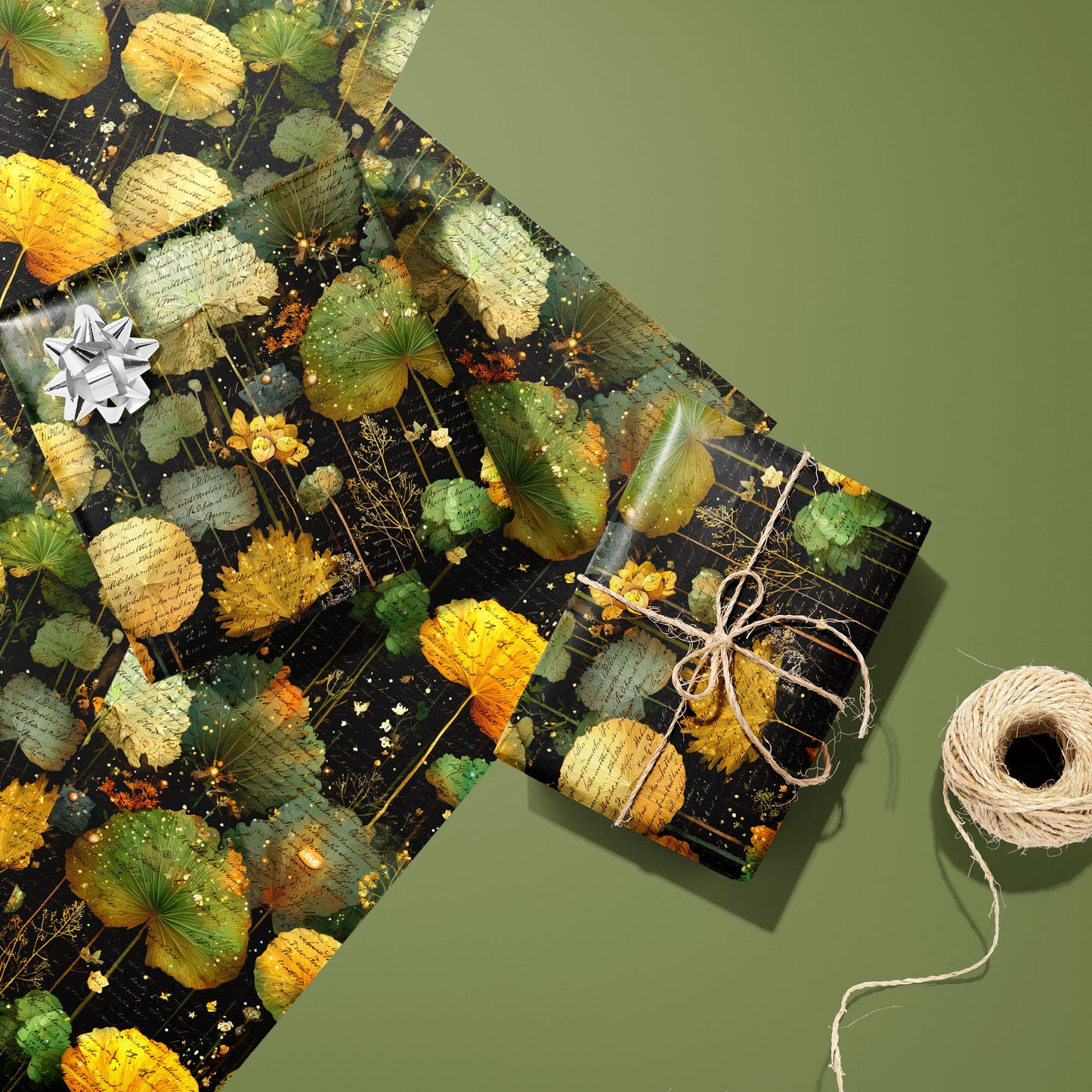 A twine-tied gift in Nocturne Herbarium rests on two unused sheets with a silver bow nearby and a twine spool, showing botanical collage motifs on a black ground over an olive green surface.