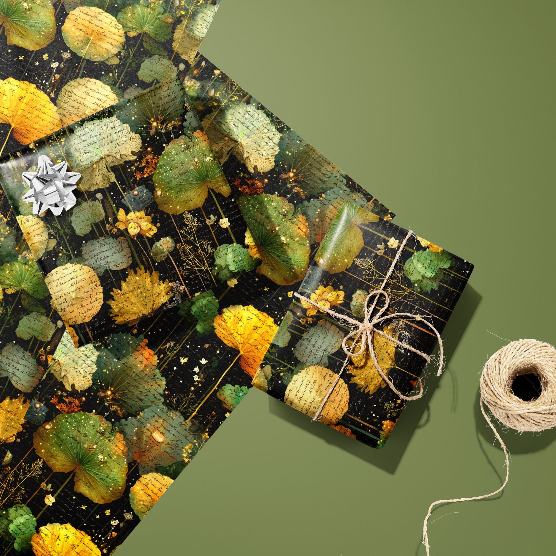 A twine-tied gift in Nocturne Herbarium rests on two unused sheets with a silver bow nearby and a twine spool, showing botanical collage motifs on a black ground over an olive green surface.