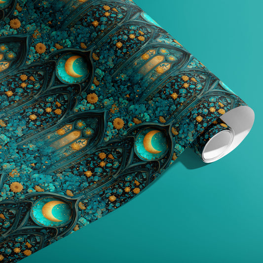 A partially unfurled roll of Wisteria Cathedral wrapping paper shows gothic window arches with crescent moons and wisteria blooms, styled in teal and gold on a teal surface.