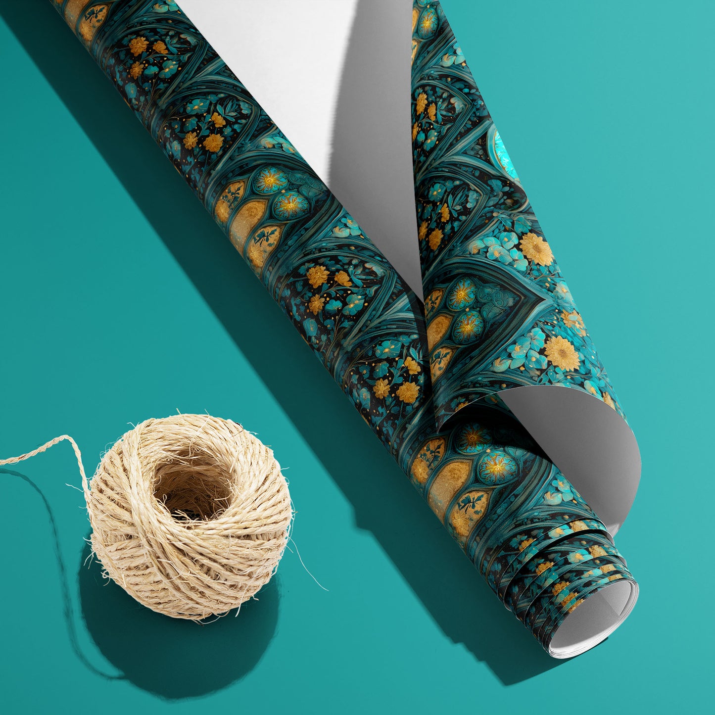 A partially unfurled roll of Wisteria Cathedral paper with the white underside visible sits beside natural twine on a teal backdrop, revealing moonlit arches and floral vines.