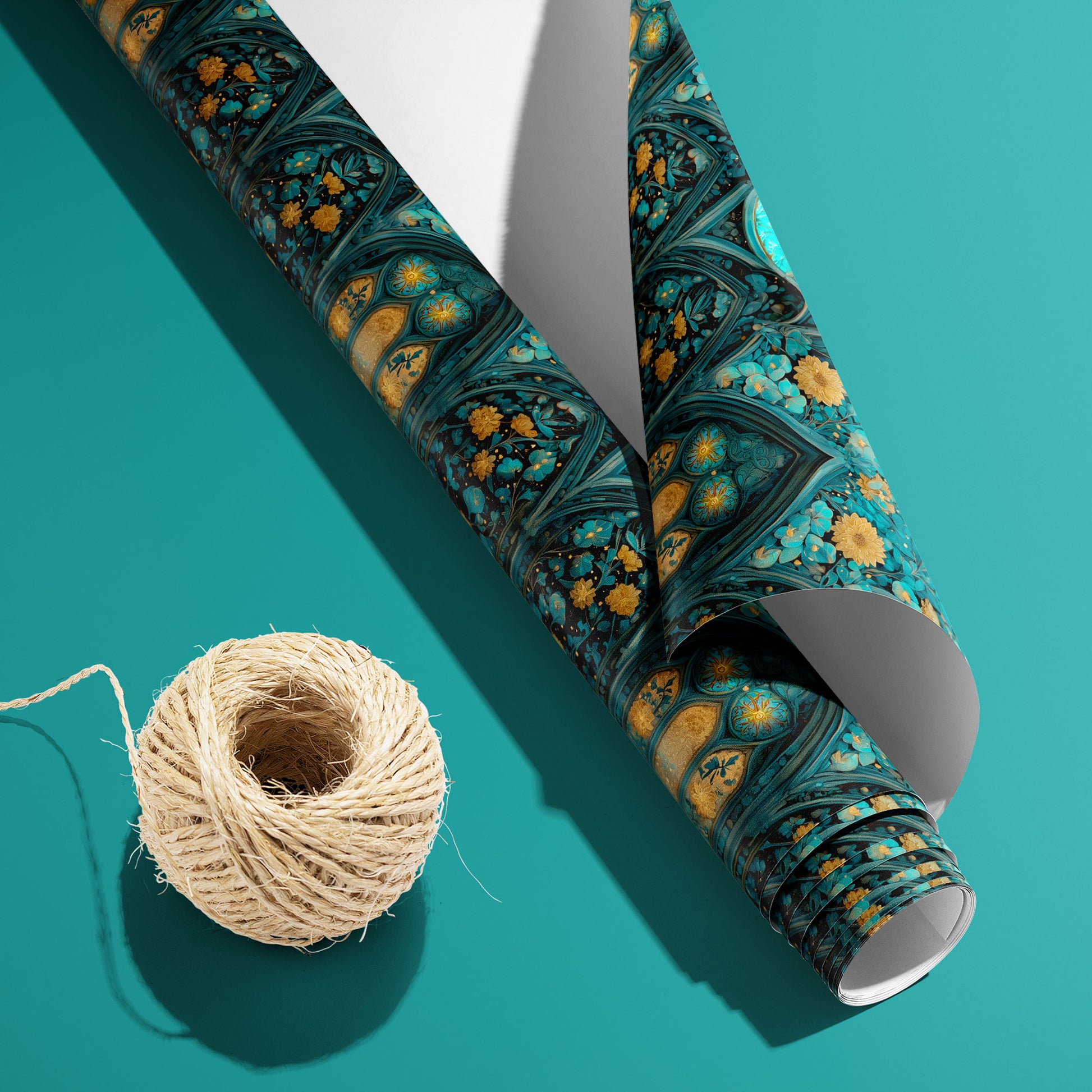 A partially unfurled roll of Wisteria Cathedral paper with the white underside visible sits beside natural twine on a teal backdrop, revealing moonlit arches and floral vines.