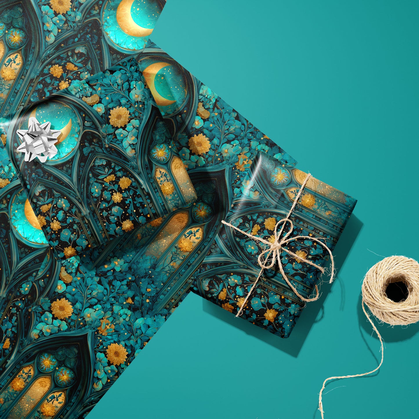 Two gifts wrapped in Wisteria Cathedral paper—one silver-bowed, one tied with twine—sit on two unused sheets with moonlit arches and florals on a teal background beside twine.