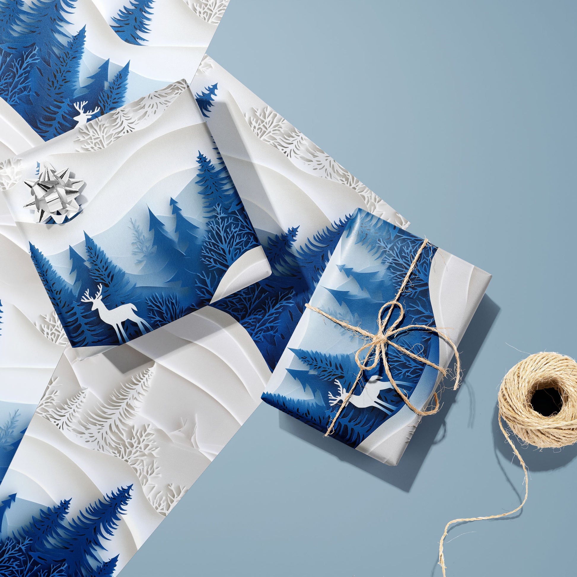 Two gifts wrapped in Alpine Serenity—one with a silver bow and one tied with twine—rest on two unused sheets beside a twine spool on a cool slate-blue surface, with snowy peaks and fir trees.