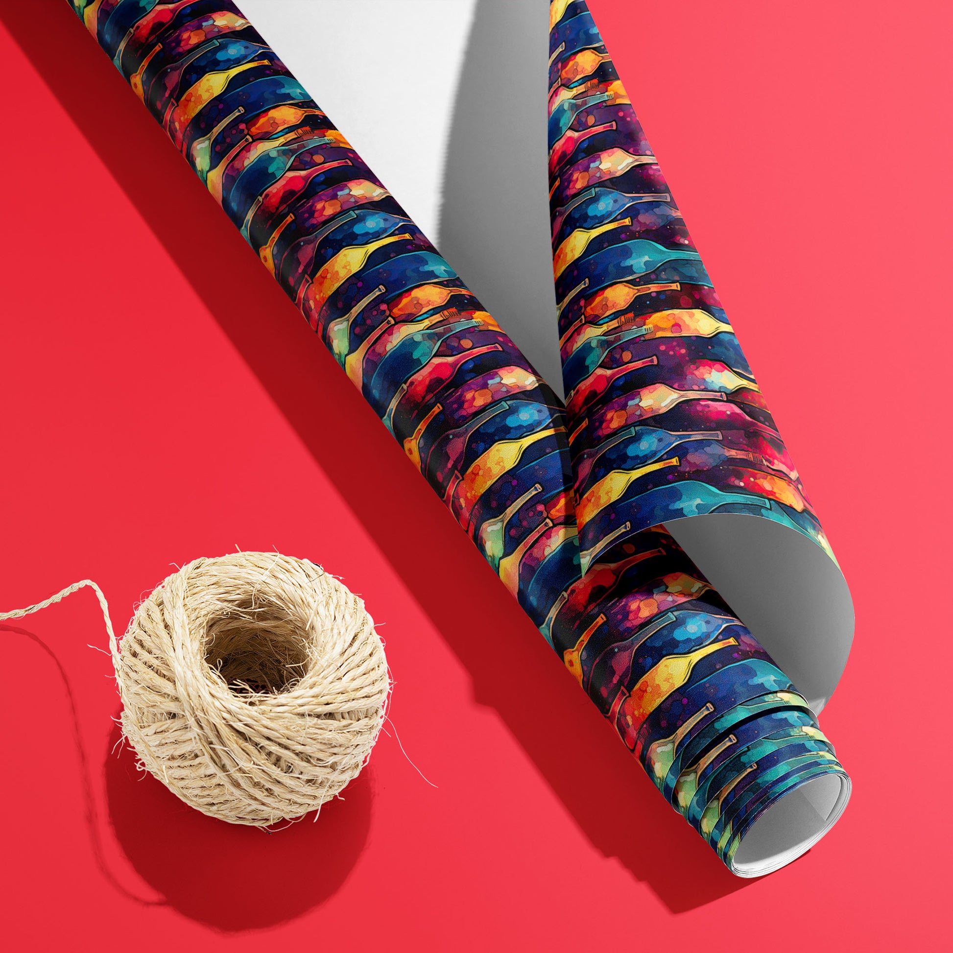A partially unfurled Vibrant Ink Bottles roll with the white underside visible beside a spool of natural twine, featuring watercolor bottle rows on deep navy over a bright red surface.