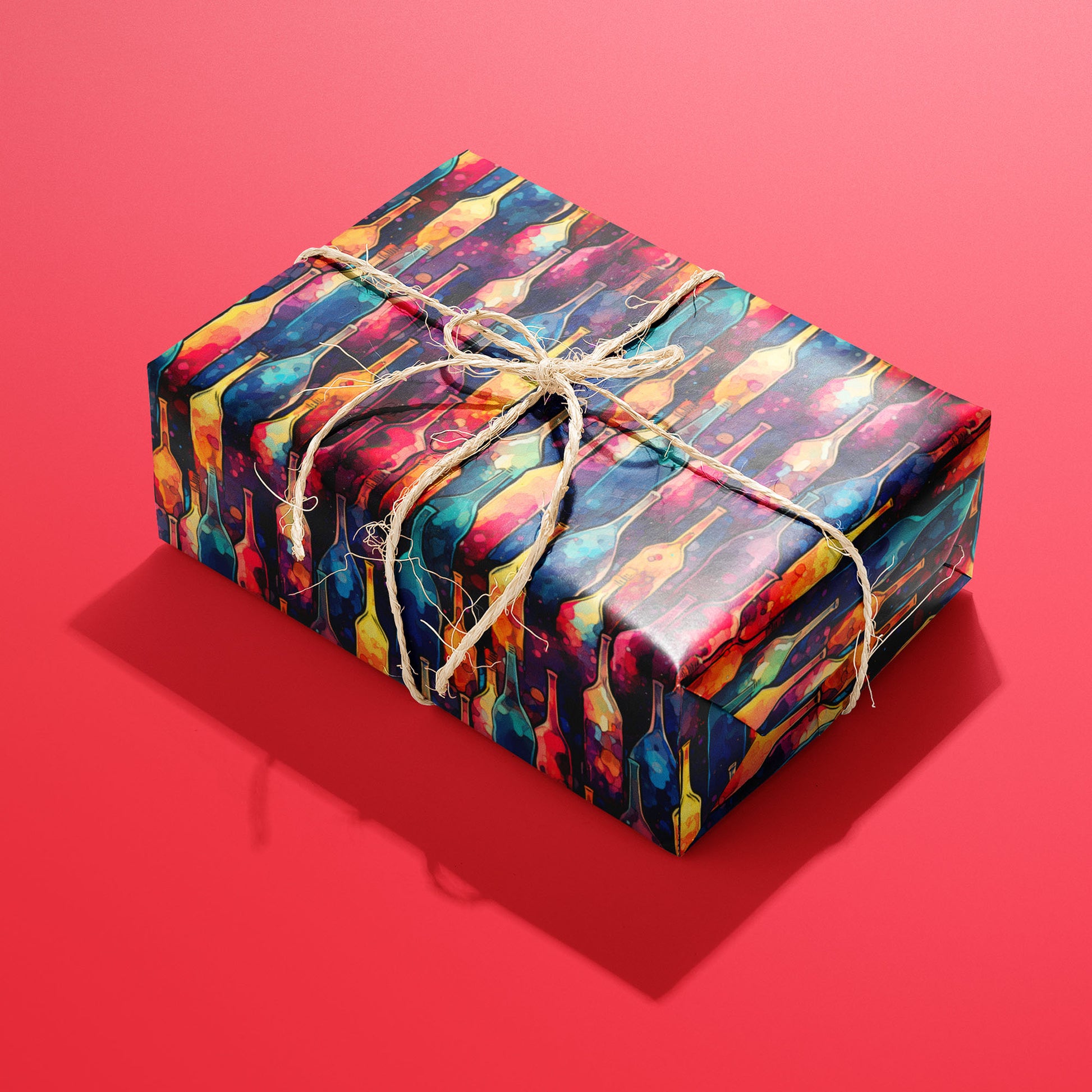 A single rectangular gift wrapped in Vibrant Ink Bottles paper—vivid ink-wash bottles on deep navy—tied with natural twine on a bright red background.