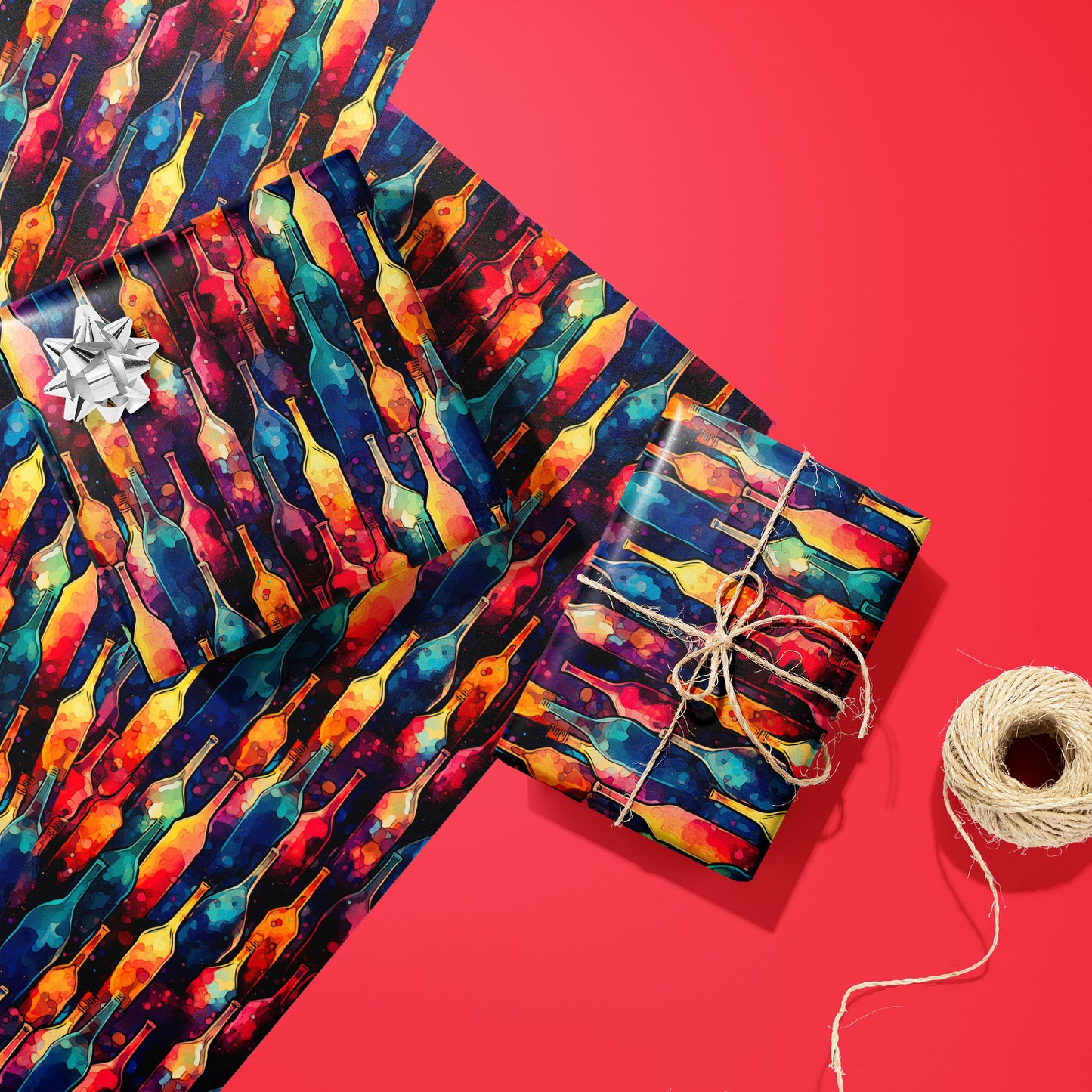 Two gifts in Vibrant Ink Bottles wrap—one with a silver bow and one tied with twine—rest on two unused sheets beside a spool of twine on a bright red background.